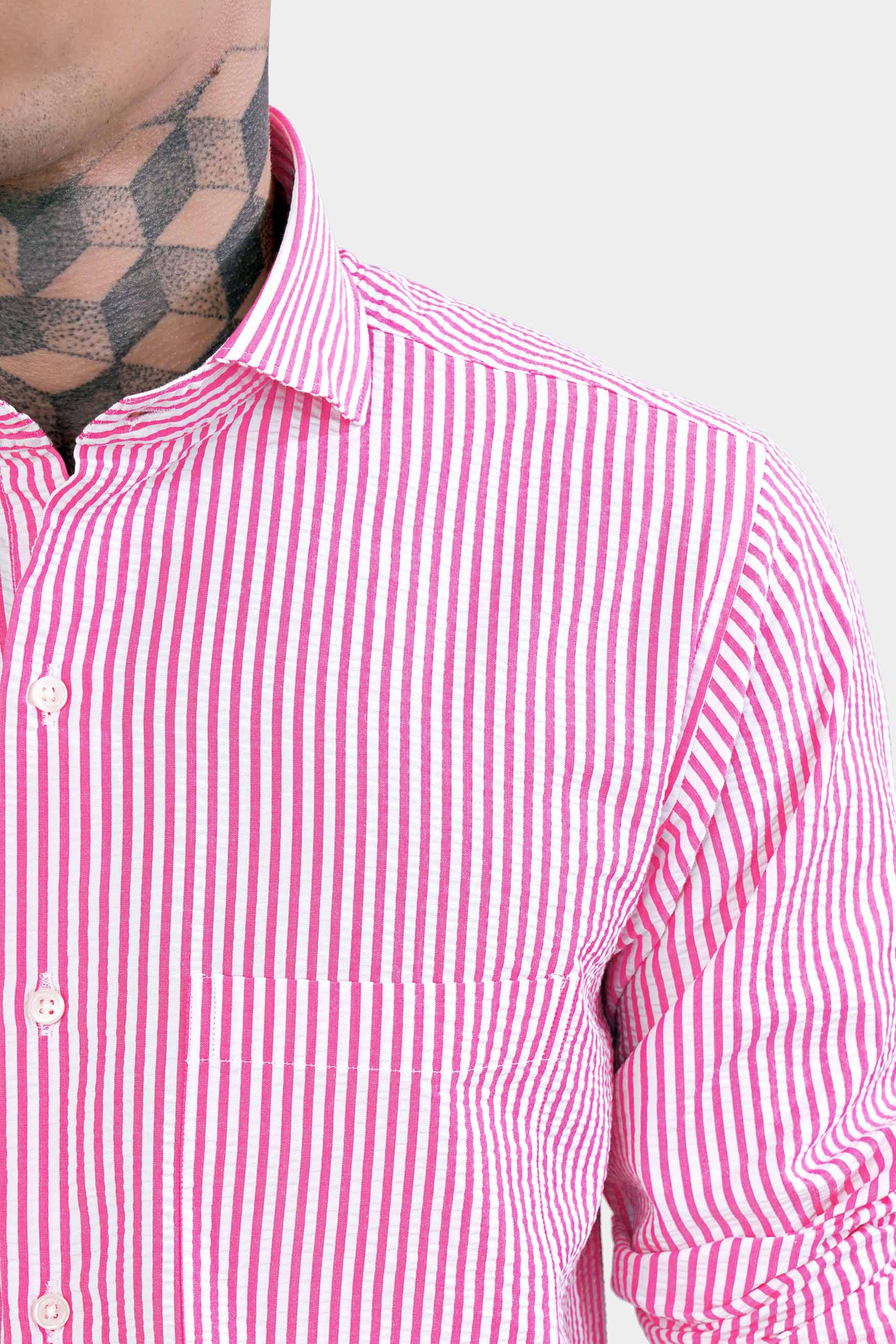 Taffy Pink and Bright White Striped Seersucker Giza Cotton Shirt