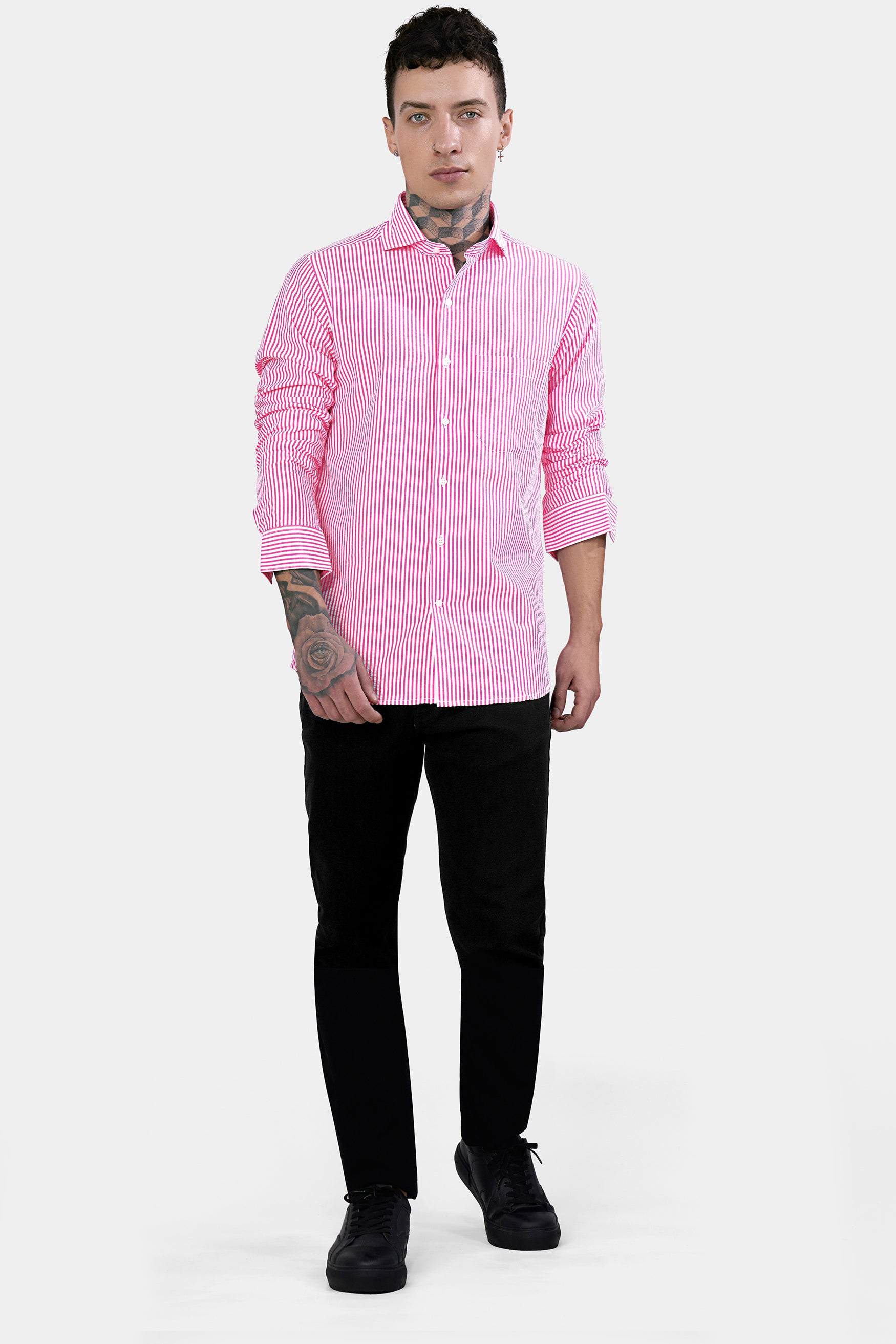 Taffy Pink and Bright White Striped Seersucker Giza Cotton Shirt