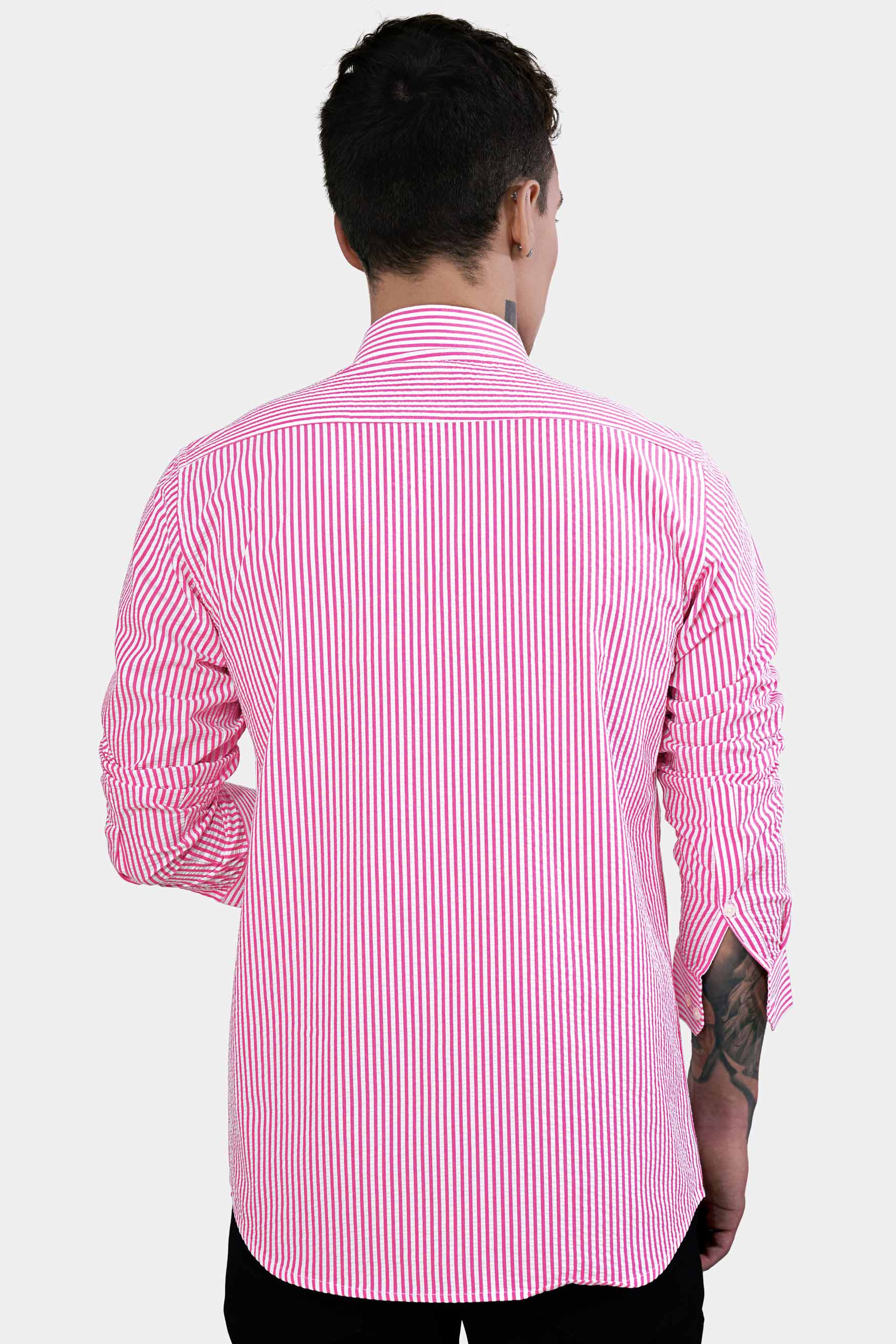 Taffy Pink and Bright White Striped Seersucker Giza Cotton Shirt