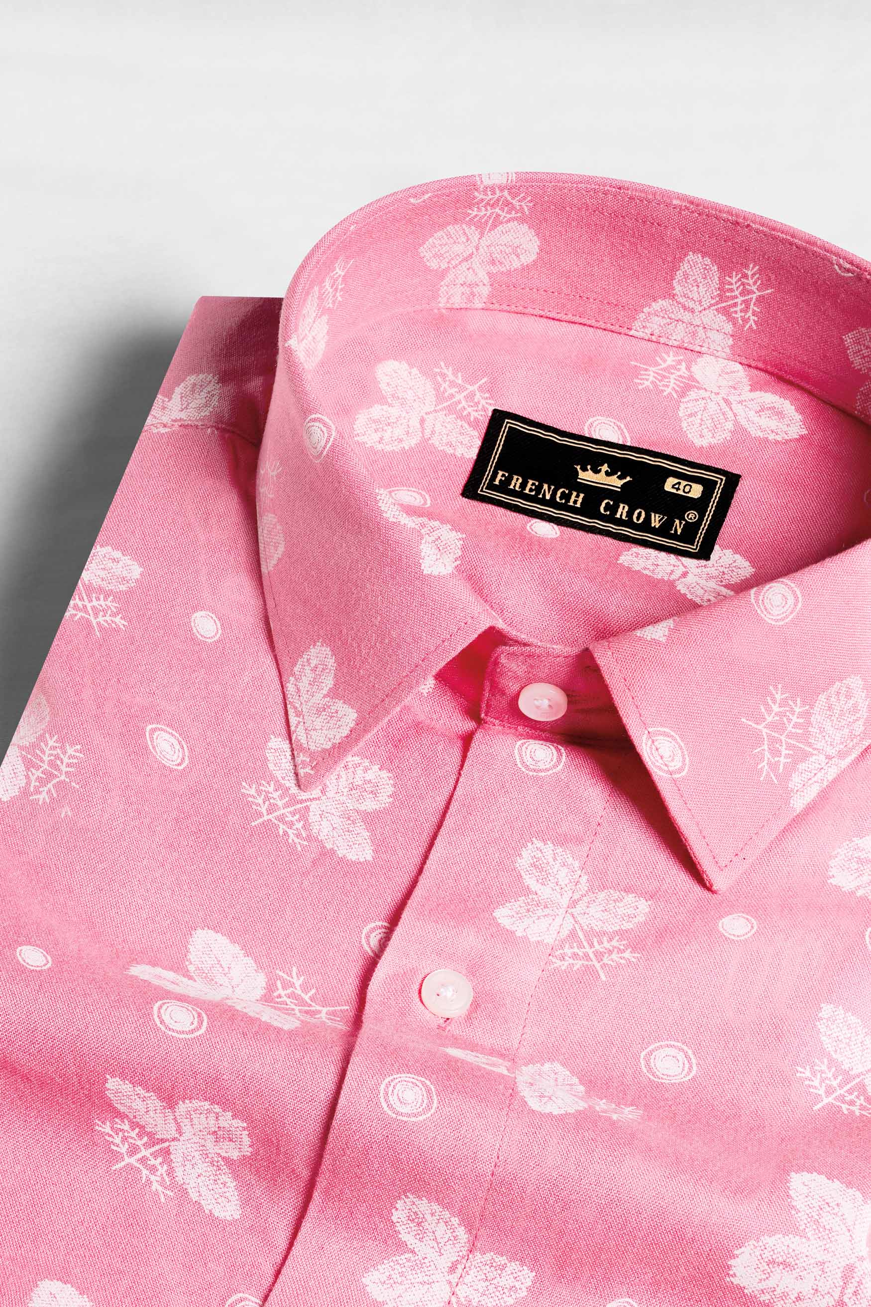 Wewak Pink and Bright White Leaves Printed Premium Tencel Shirt