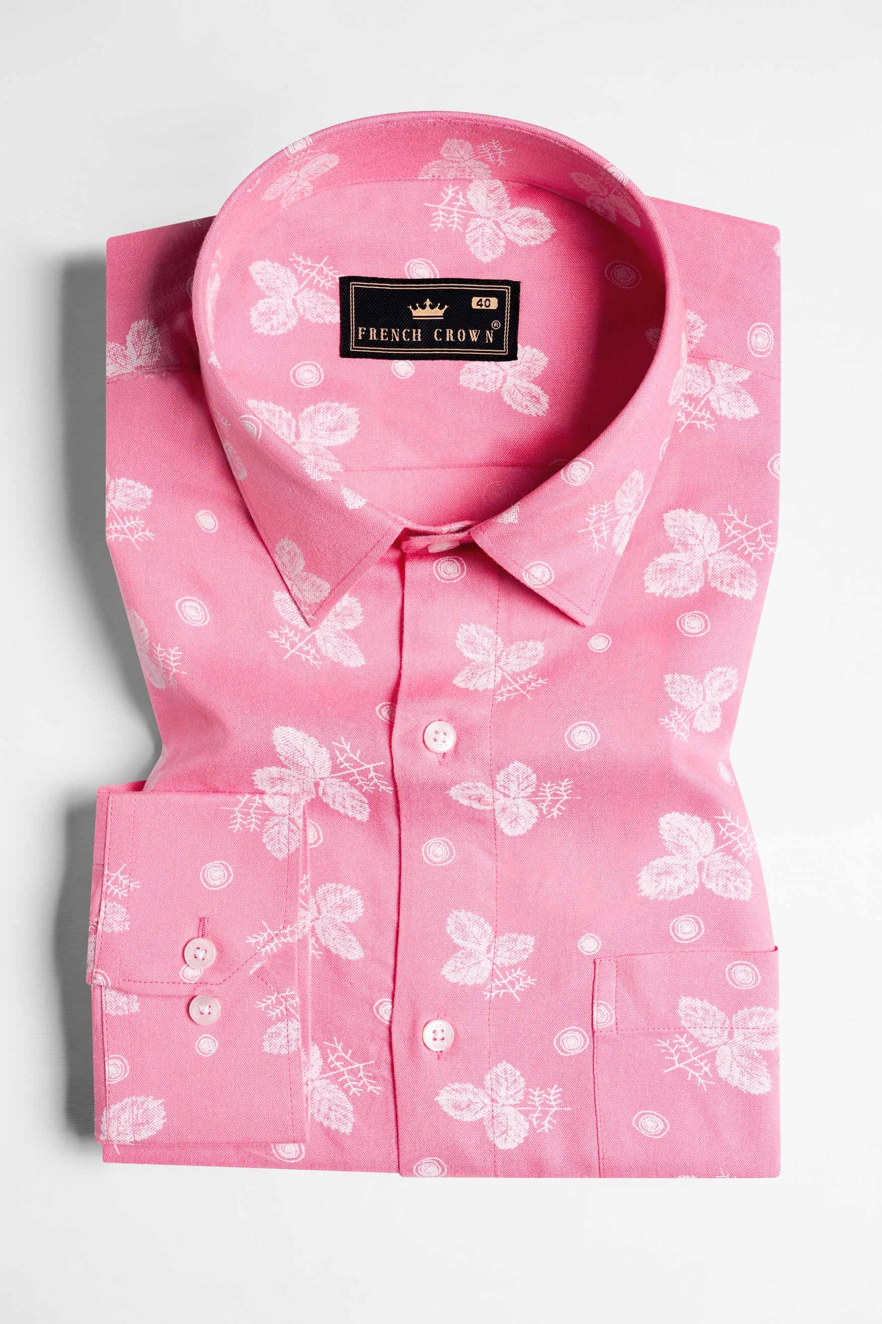Wewak Pink and Bright White Leaves Printed Premium Tencel Shirt