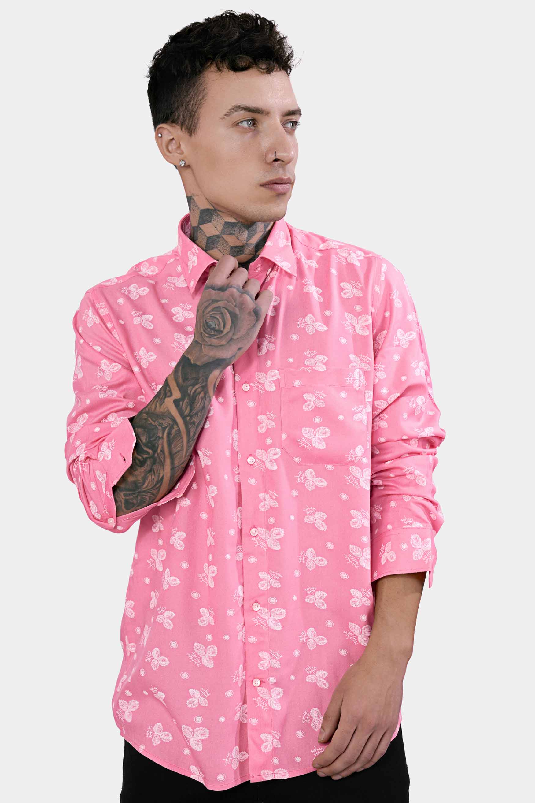 Wewak Pink and Bright White Leaves Printed Premium Tencel Shirt