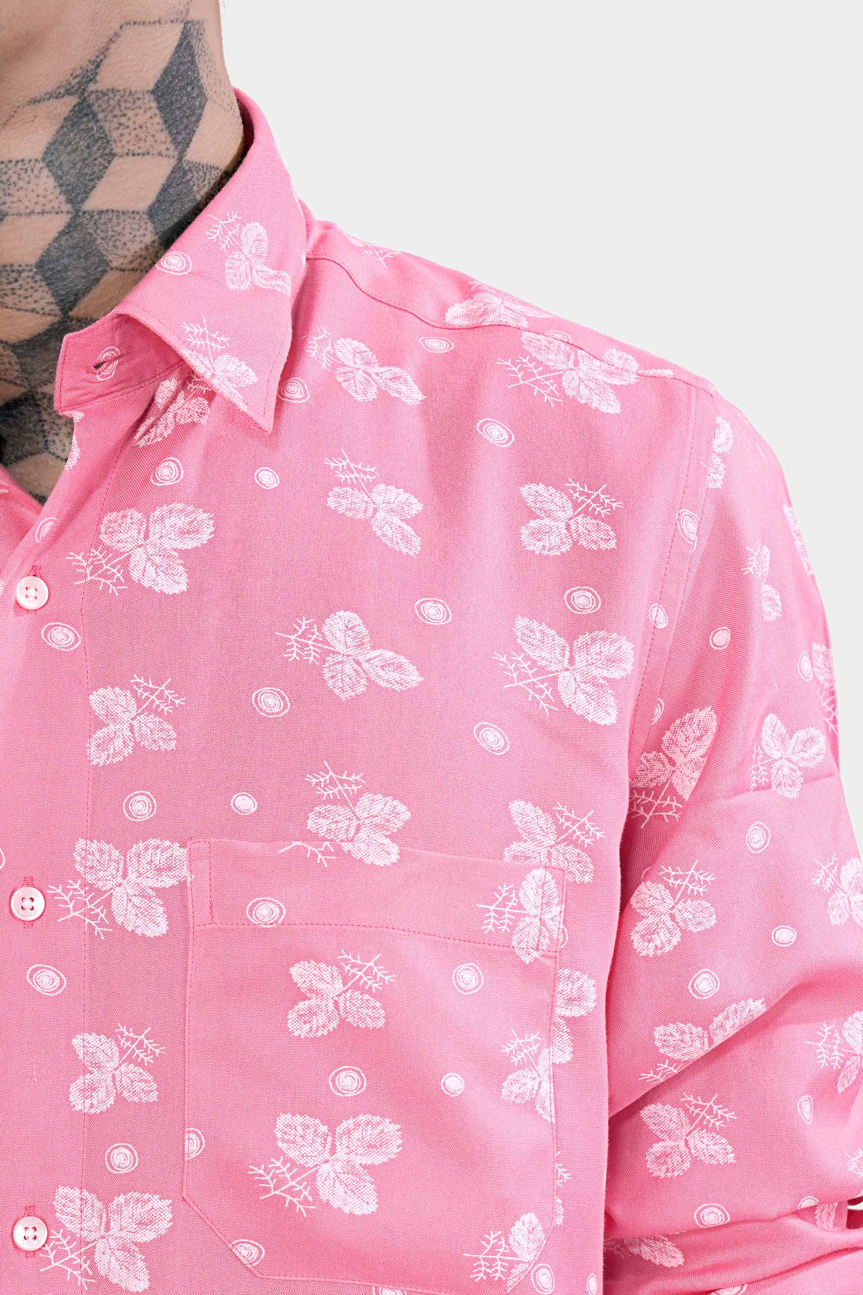 Wewak Pink and Bright White Leaves Printed Premium Tencel Shirt