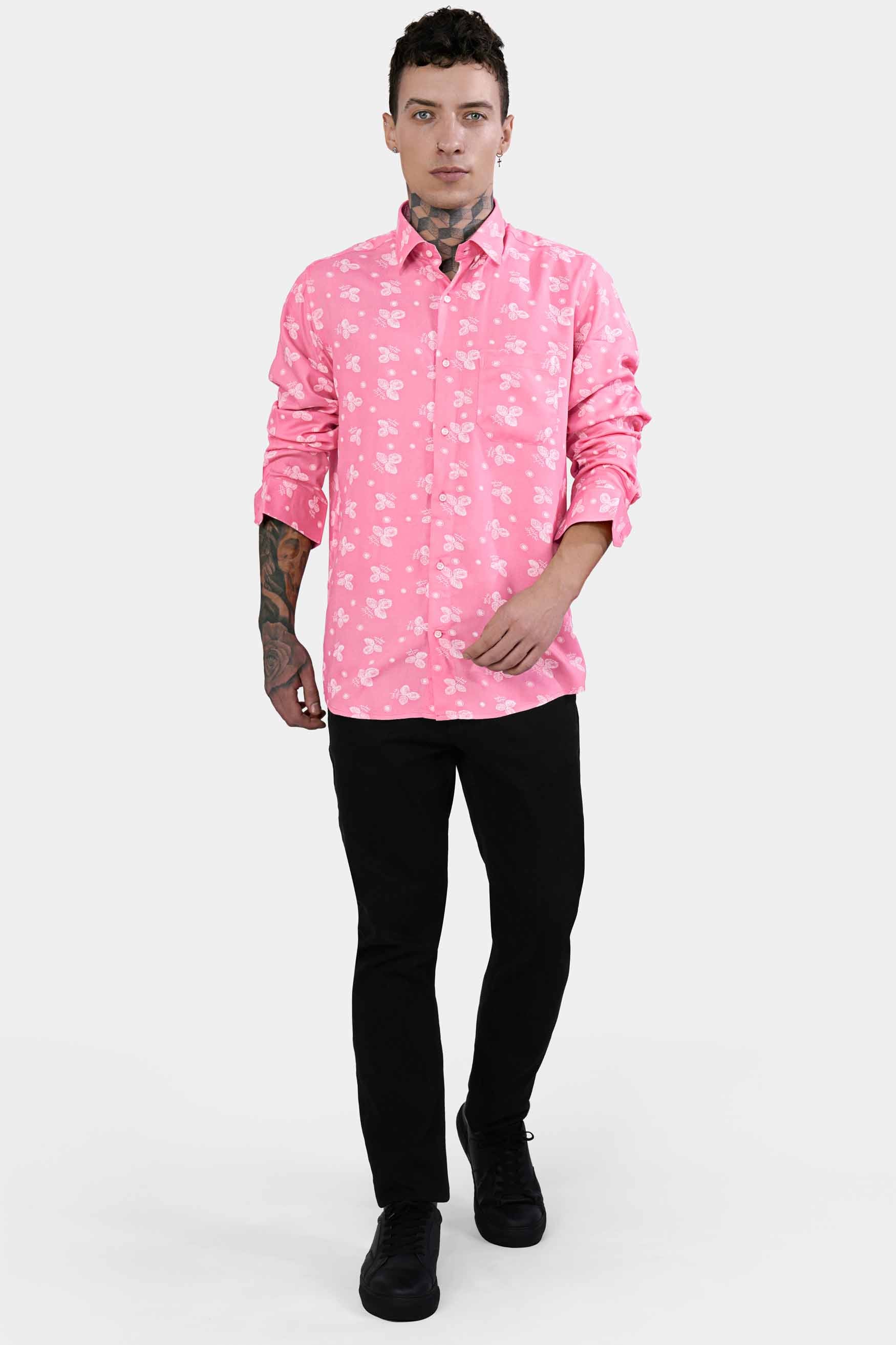 Wewak Pink and Bright White Leaves Printed Premium Tencel Shirt