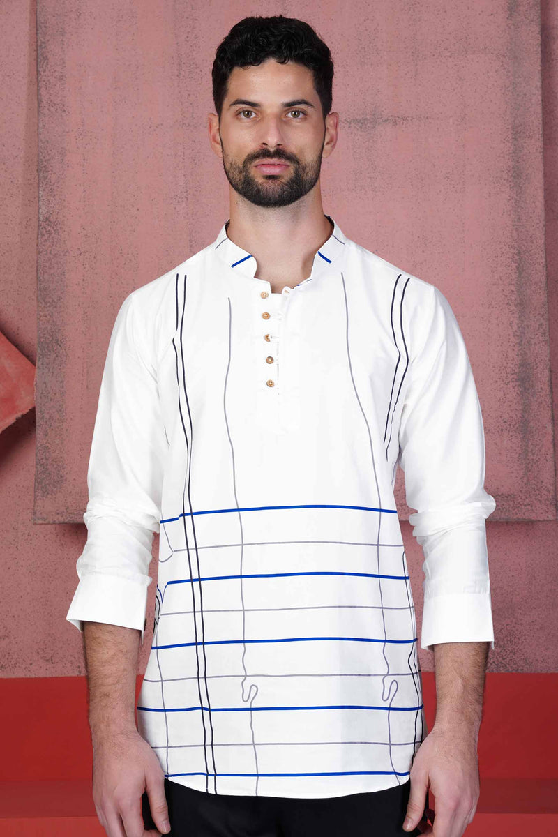 Bright White and Yale Blue Printed Subtle Sheen Super Soft Premium Cotton Kurta Shirt