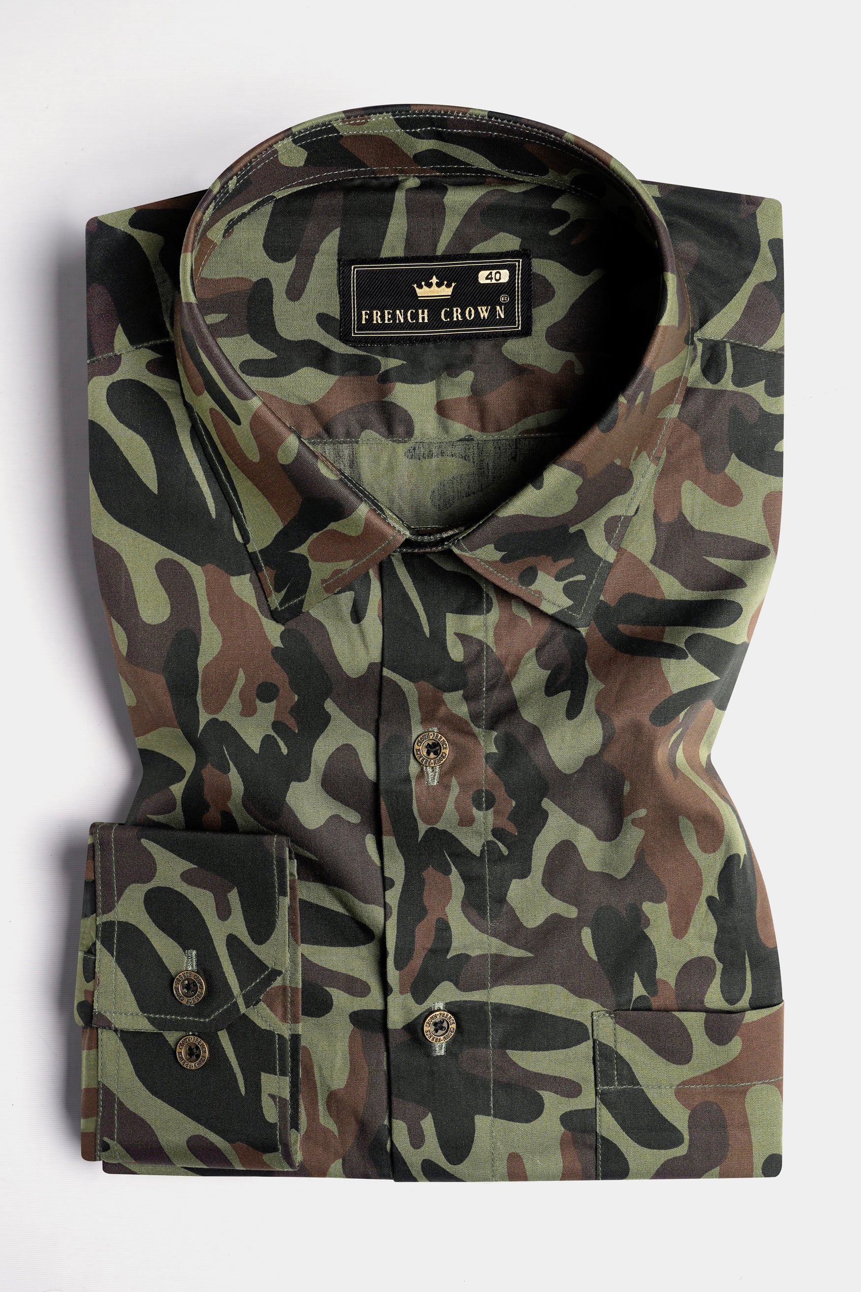 Sage Green and Taupe Brown Printed Royal Oxford Shirt