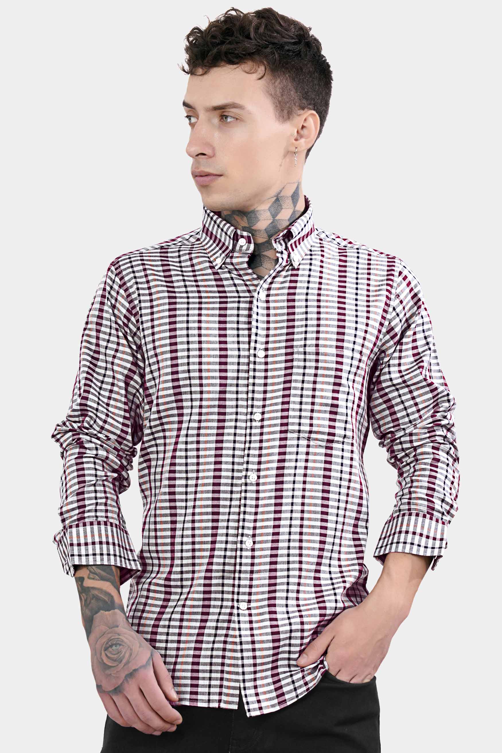 Nickel Gray and Tamarind Maroon Twill Checkered Premium Cotton Shirt