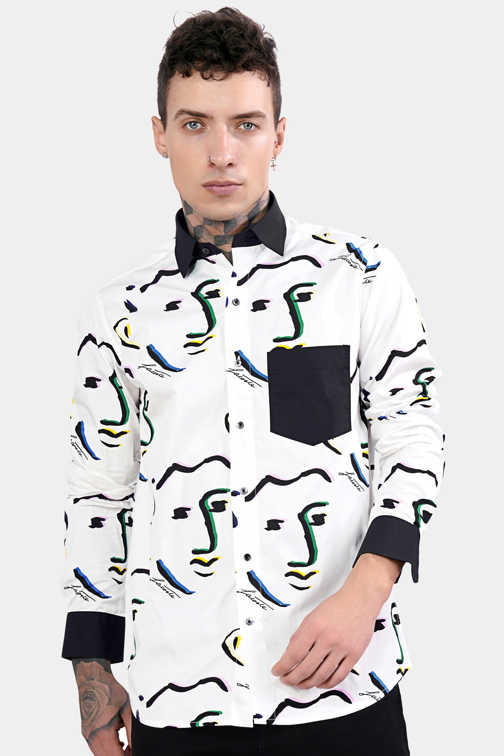 Bright White Faces Printed with Black Cuffs and Collar Premium Cotton Shirt 11433-BCC-BLK-38, 11433-BCC-BLK-H-38, 11433-BCC-BLK-39, 11433-BCC-BLK-H-39, 11433-BCC-BLK-40, 11433-BCC-BLK-H-40, 11433-BCC-BLK-42, 11433-BCC-BLK-H-42, 11433-BCC-BLK-44, 11433-BCC-BLK-H-44, 11433-BCC-BLK-46, 11433-BCC-BLK-H-46, 11433-BCC-BLK-48, 11433-BCC-BLK-H-48, 11433-BCC-BLK-50, 11433-BCC-BLK-H-50, 11433-BCC-BLK-52, 11433-BCC-BLK-H-52