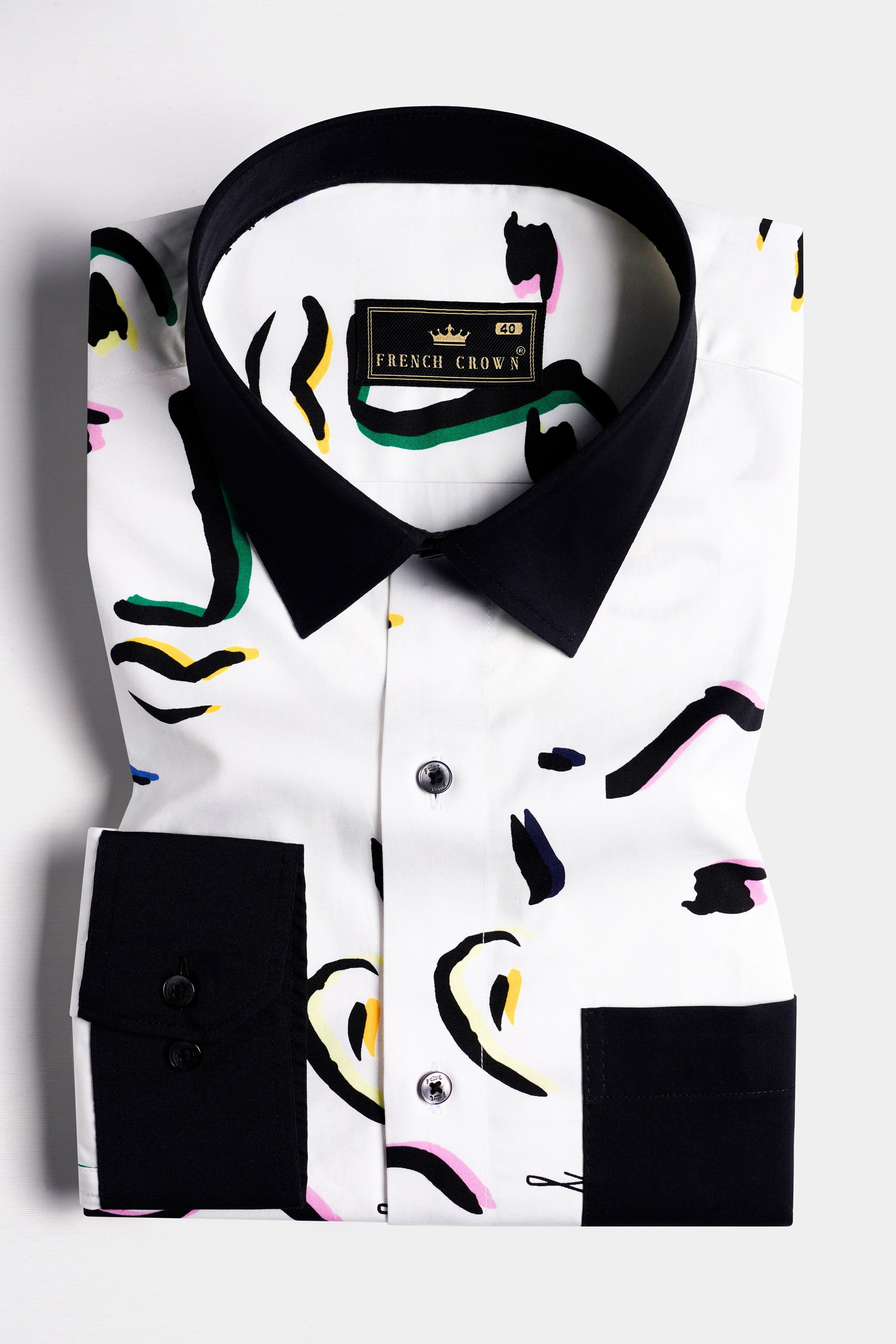 Bright White Faces Printed with Black Cuffs and Collar Premium Cotton Shirt