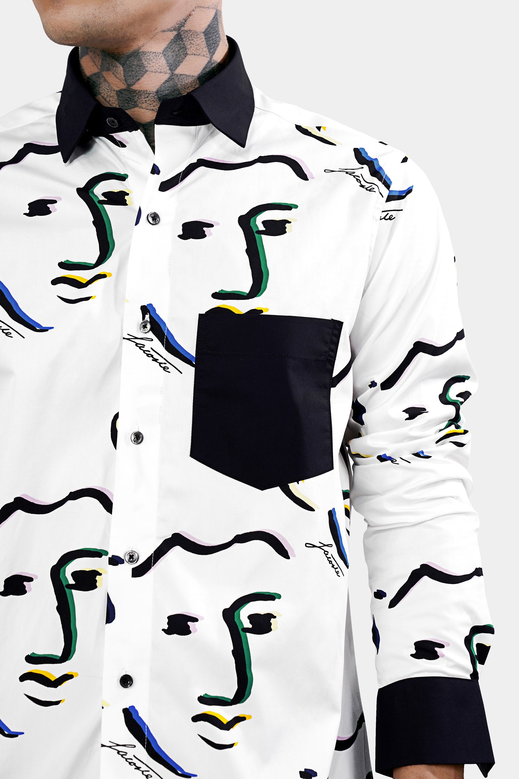 Bright White Faces Printed with Black Cuffs and Collar Premium Cotton Shirt