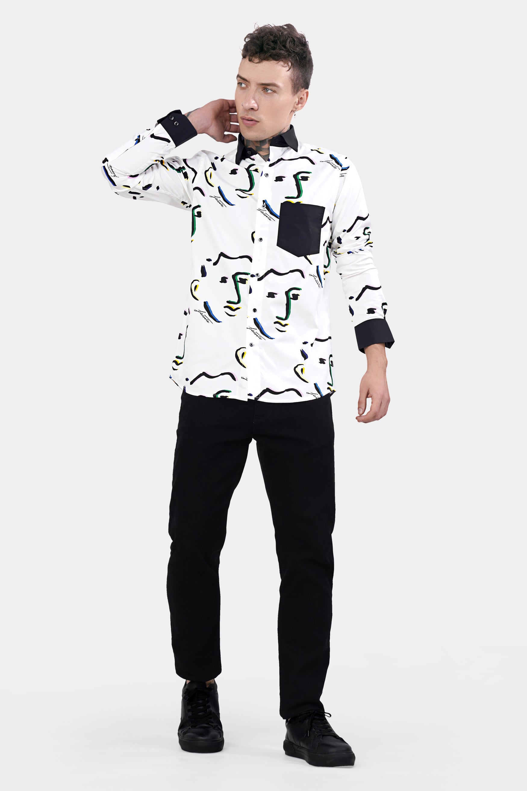 Bright White Faces Printed with Black Cuffs and Collar Premium Cotton Shirt