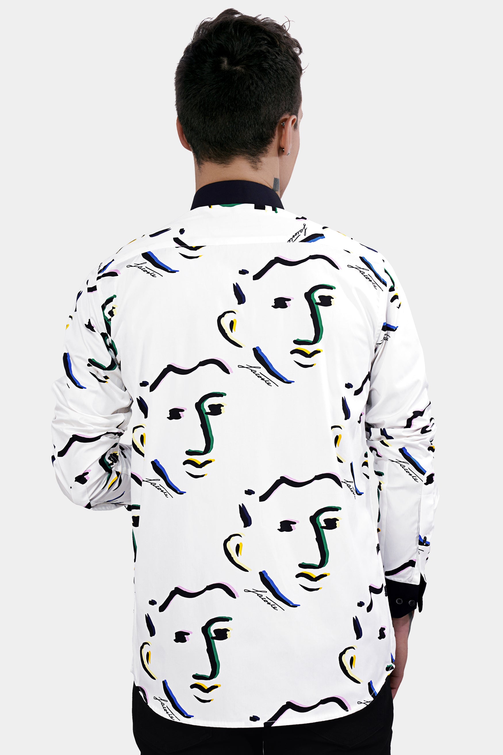 Bright White Faces Printed with Black Cuffs and Collar Premium Cotton Shirt