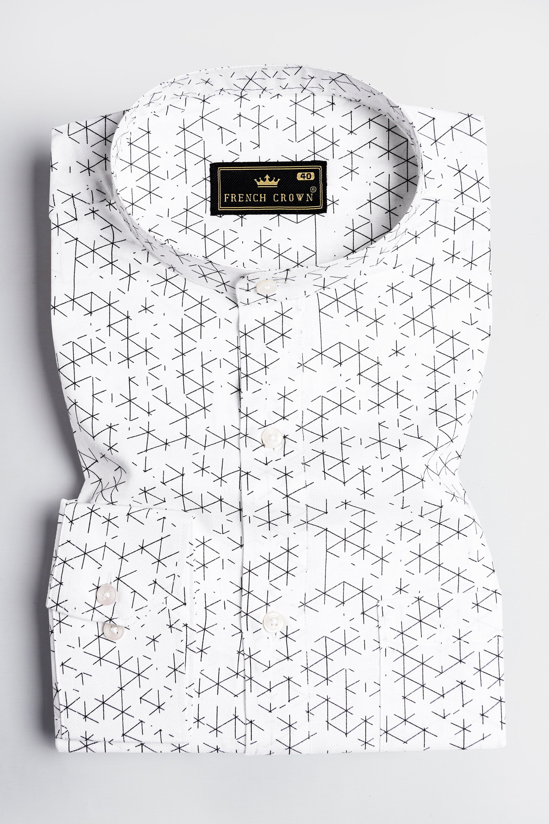 Bright White and Black Dobby Textured Premium Giza Cotton Mandarin Shirt