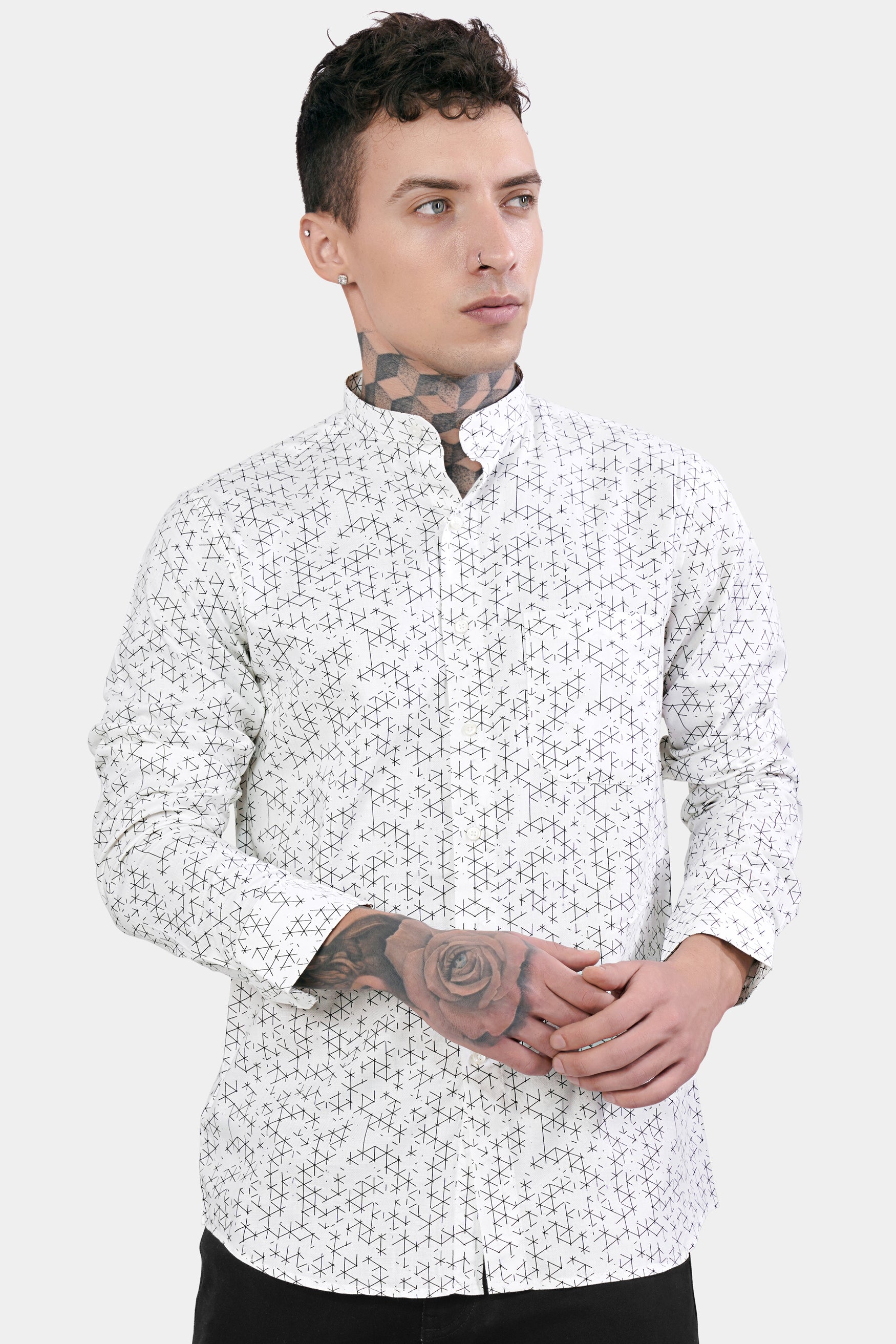 Bright White and Black Dobby Textured Premium Giza Cotton Mandarin Shirt