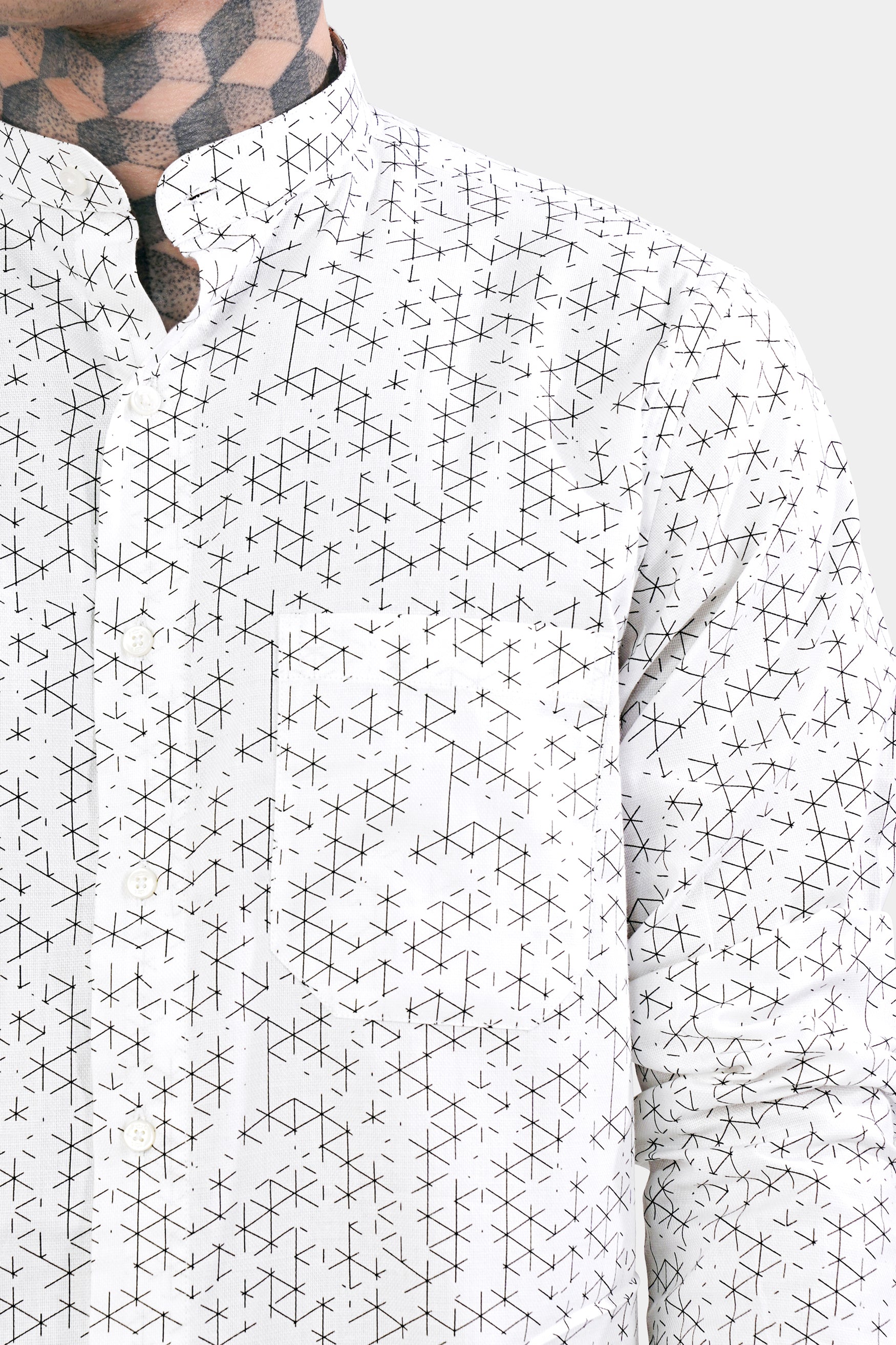 Bright White and Black Dobby Textured Premium Giza Cotton Mandarin Shirt