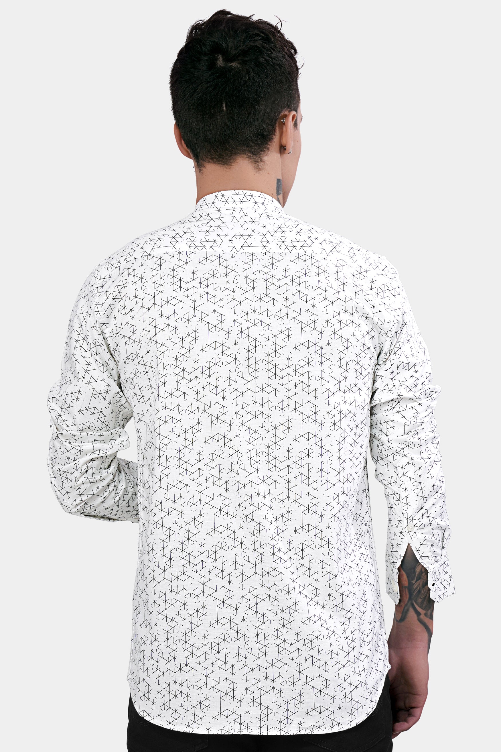 Bright White and Black Dobby Textured Premium Giza Cotton Mandarin Shirt