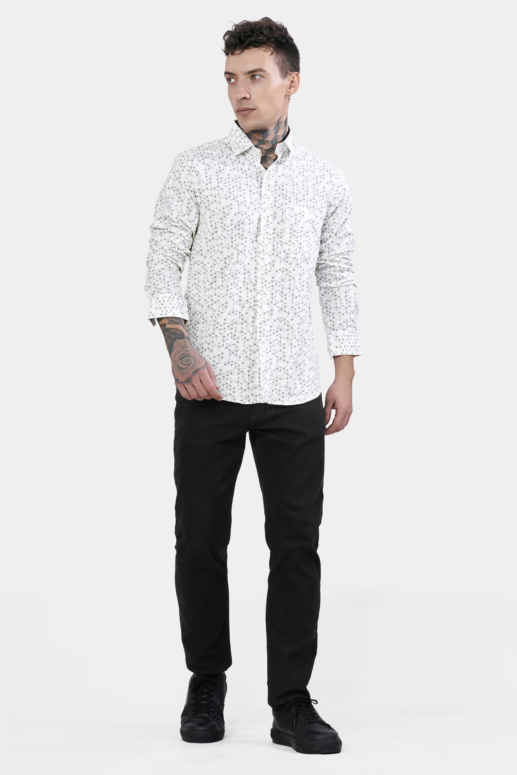 Bright White and Black Dobby Textured Premium Giza Cotton Shirt