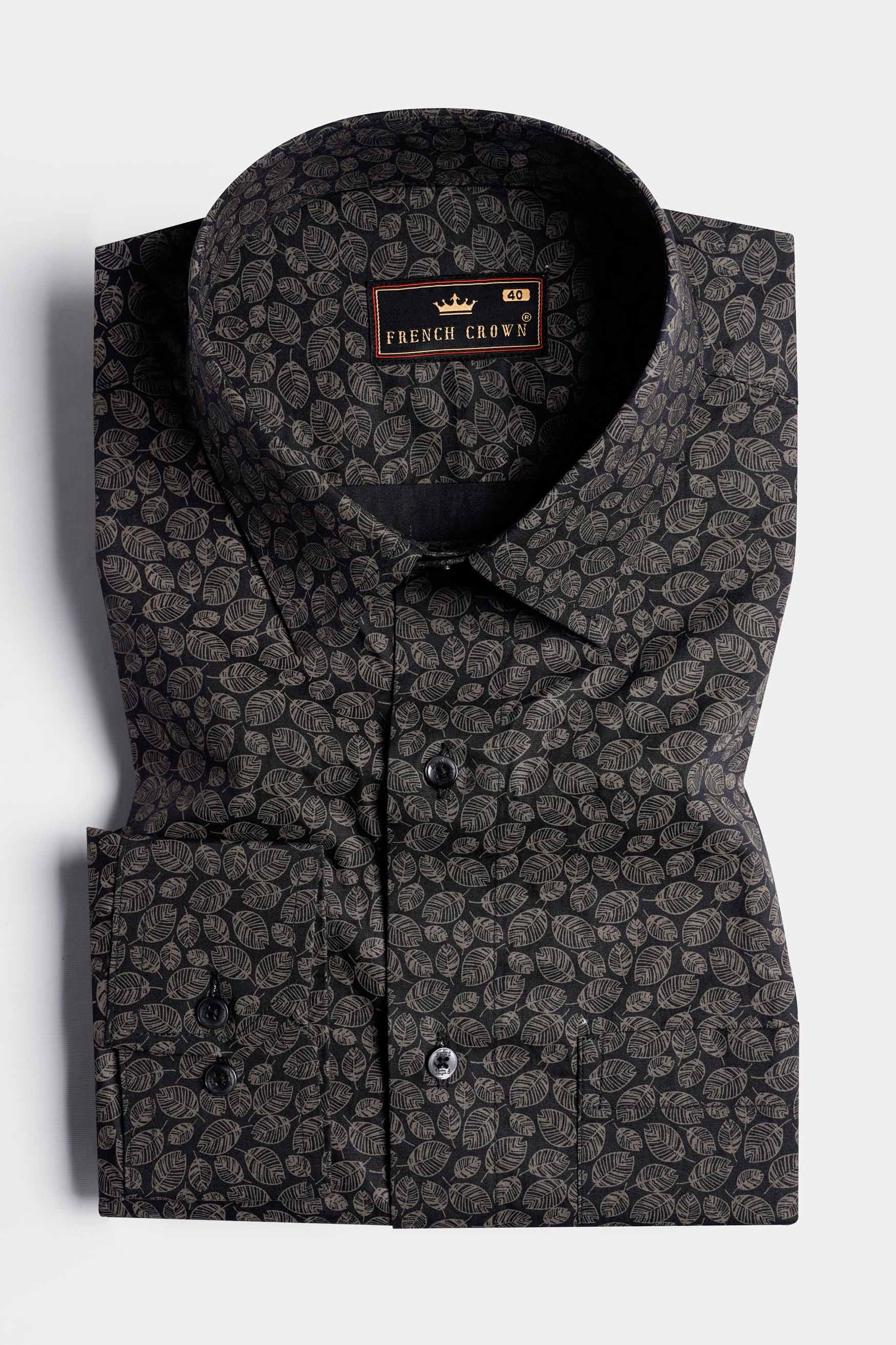 Jade Black and Flint Brown Leaves Printed Premium Cotton Shirt