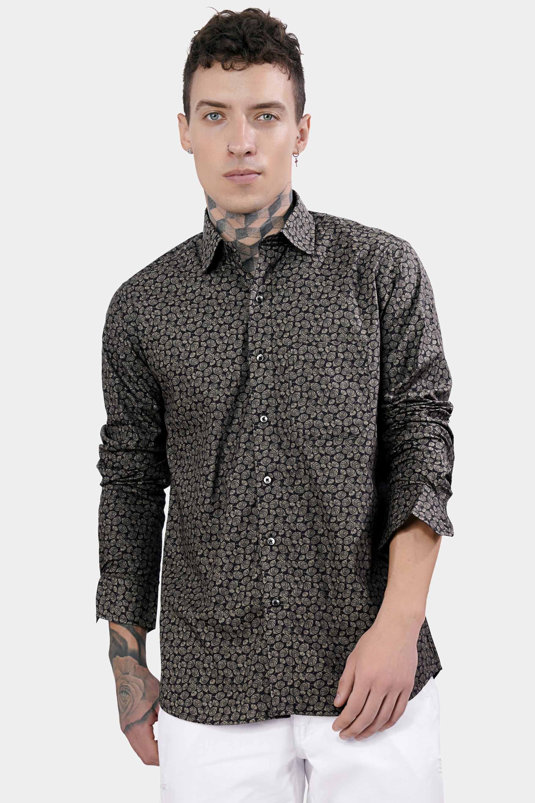 Jade Black and Flint Brown Leaves Printed Premium Cotton Shirt