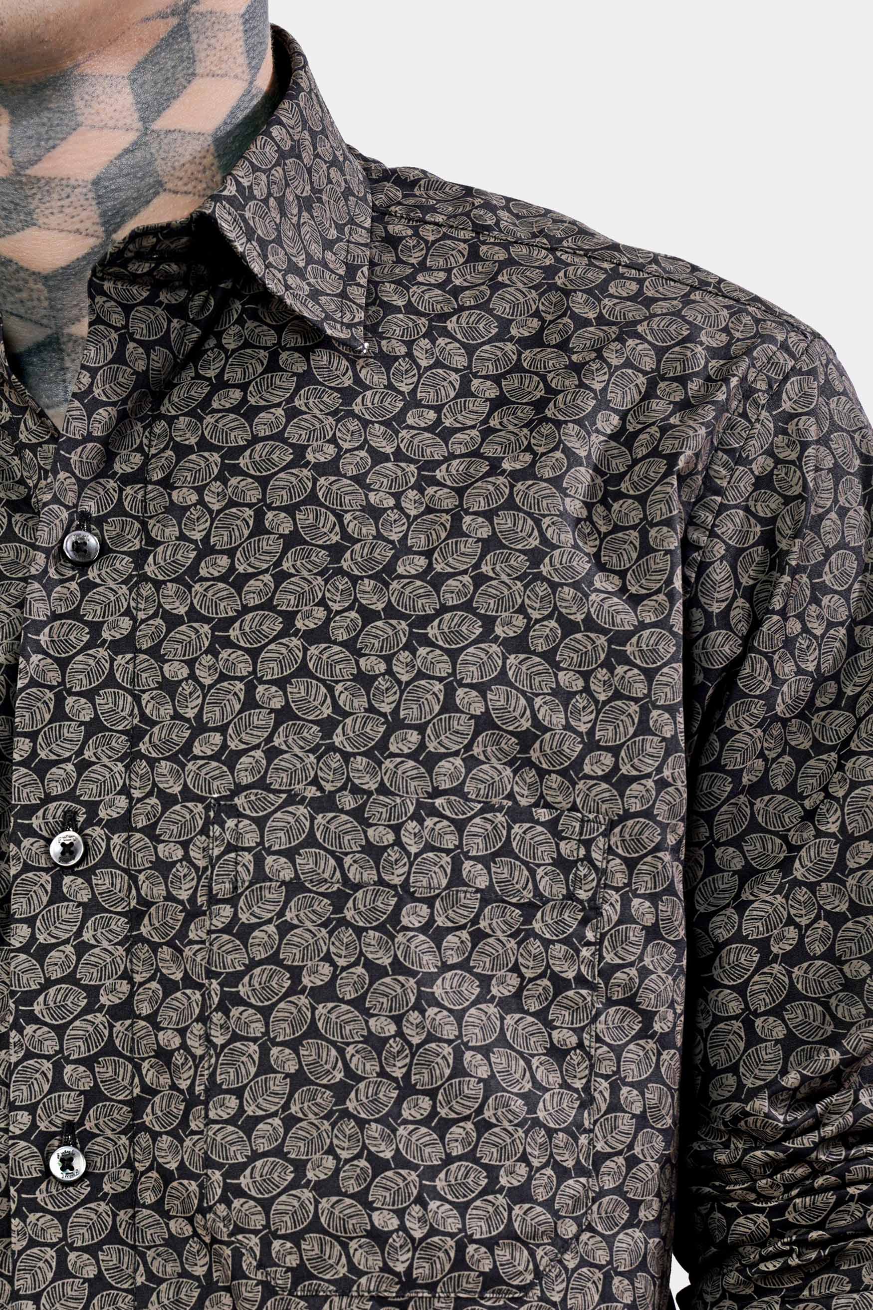 Jade Black and Flint Brown Leaves Printed Premium Cotton Shirt