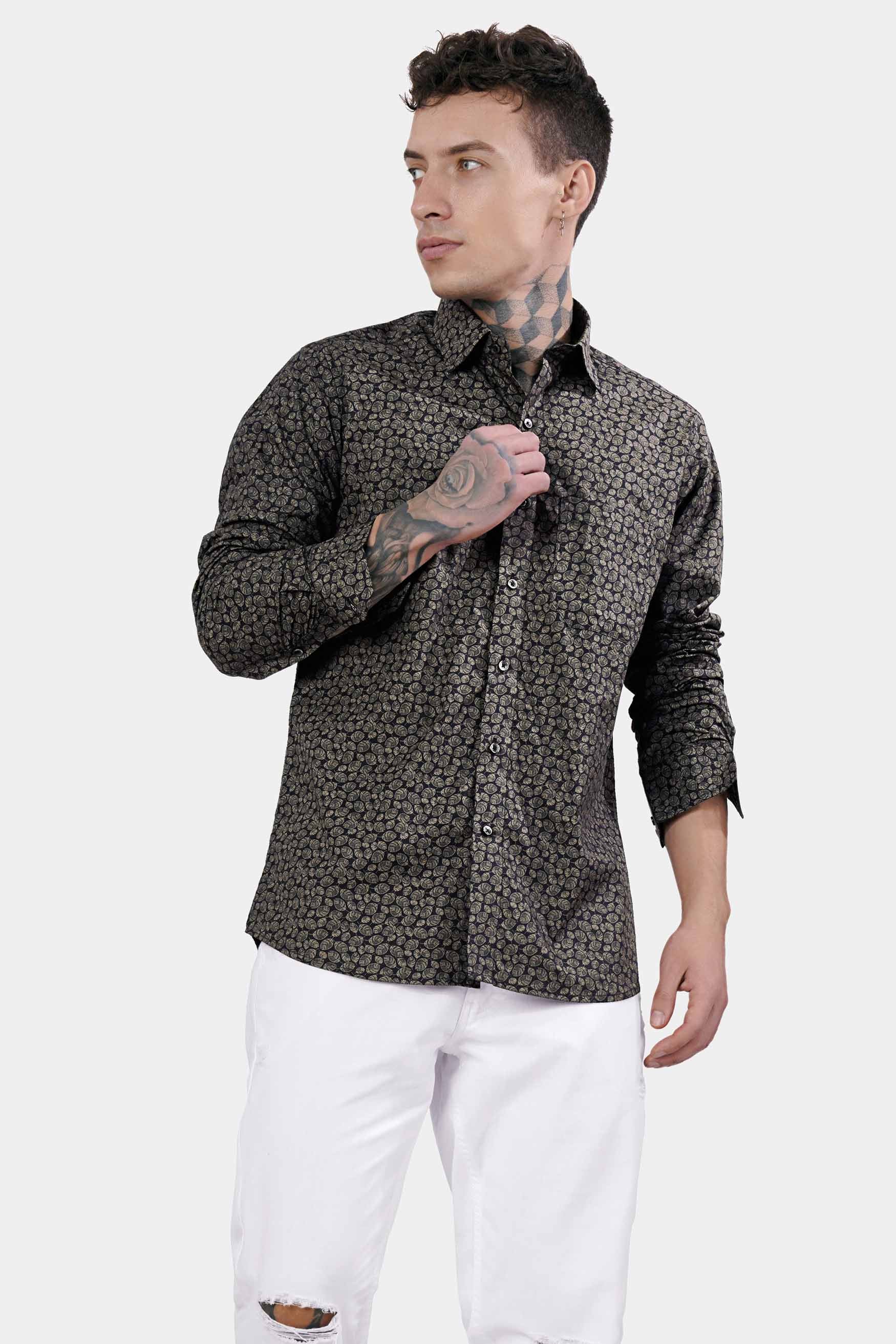 Jade Black and Flint Brown Leaves Printed Premium Cotton Shirt