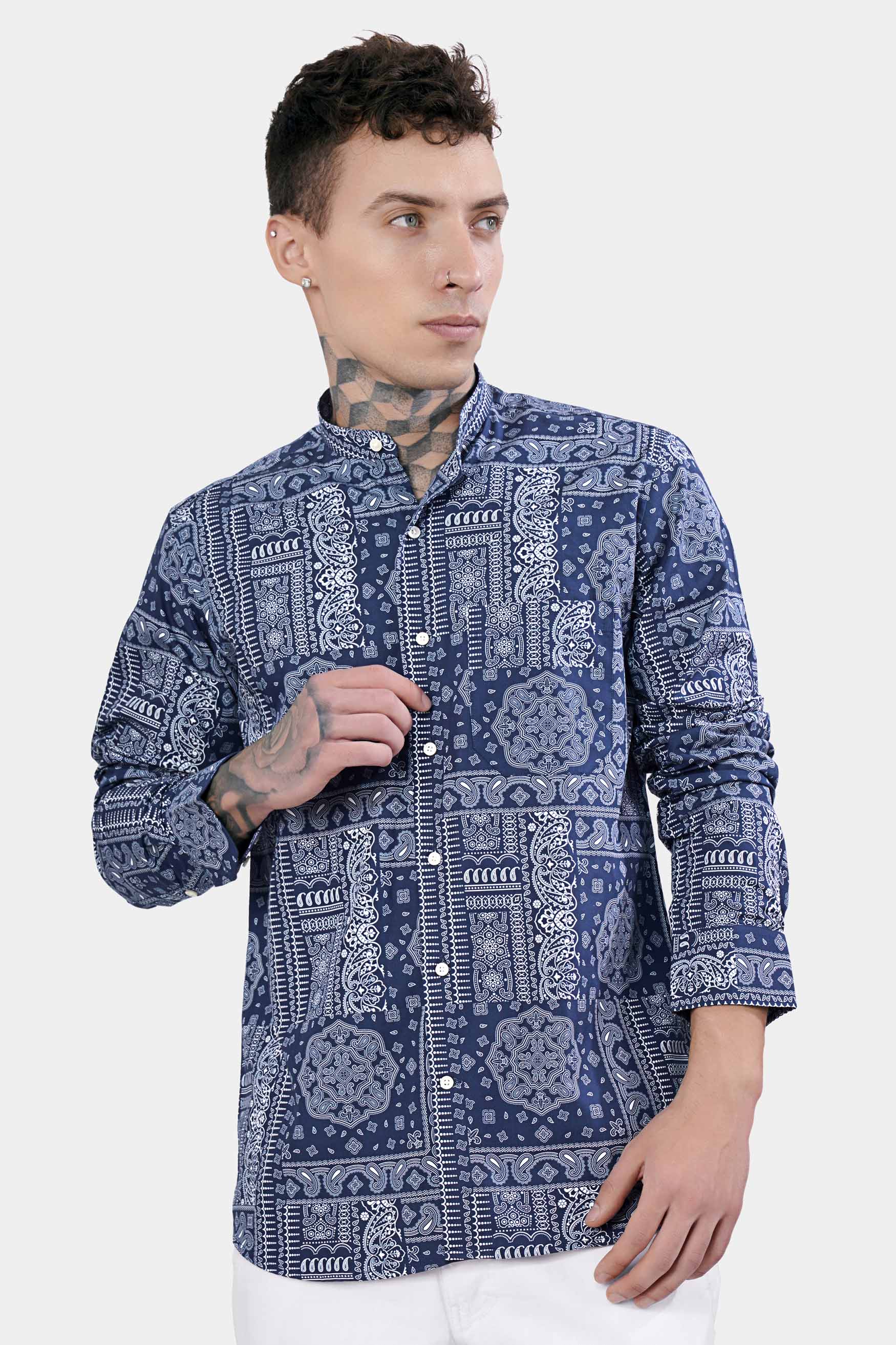 Rhino Blue and White Paisley Printed Royal Oxford Shirt
