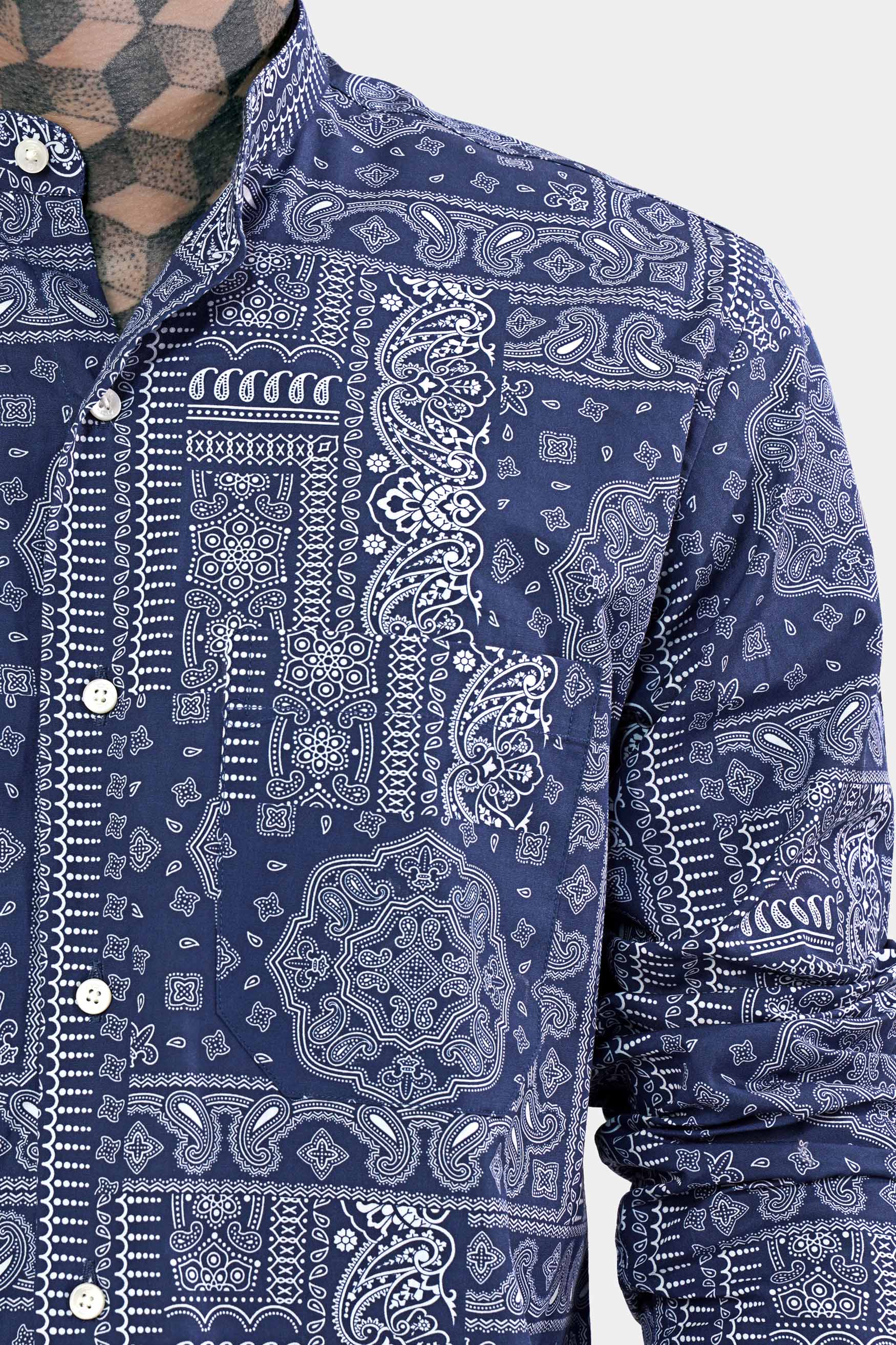Rhino Blue and White Paisley Printed Royal Oxford Shirt