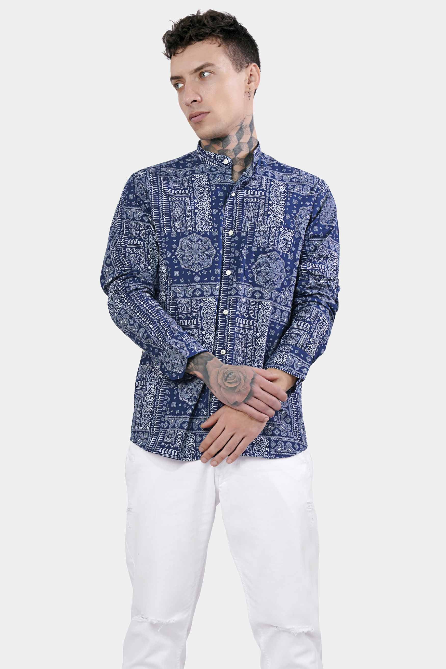 Rhino Blue and White Paisley Printed Royal Oxford Shirt