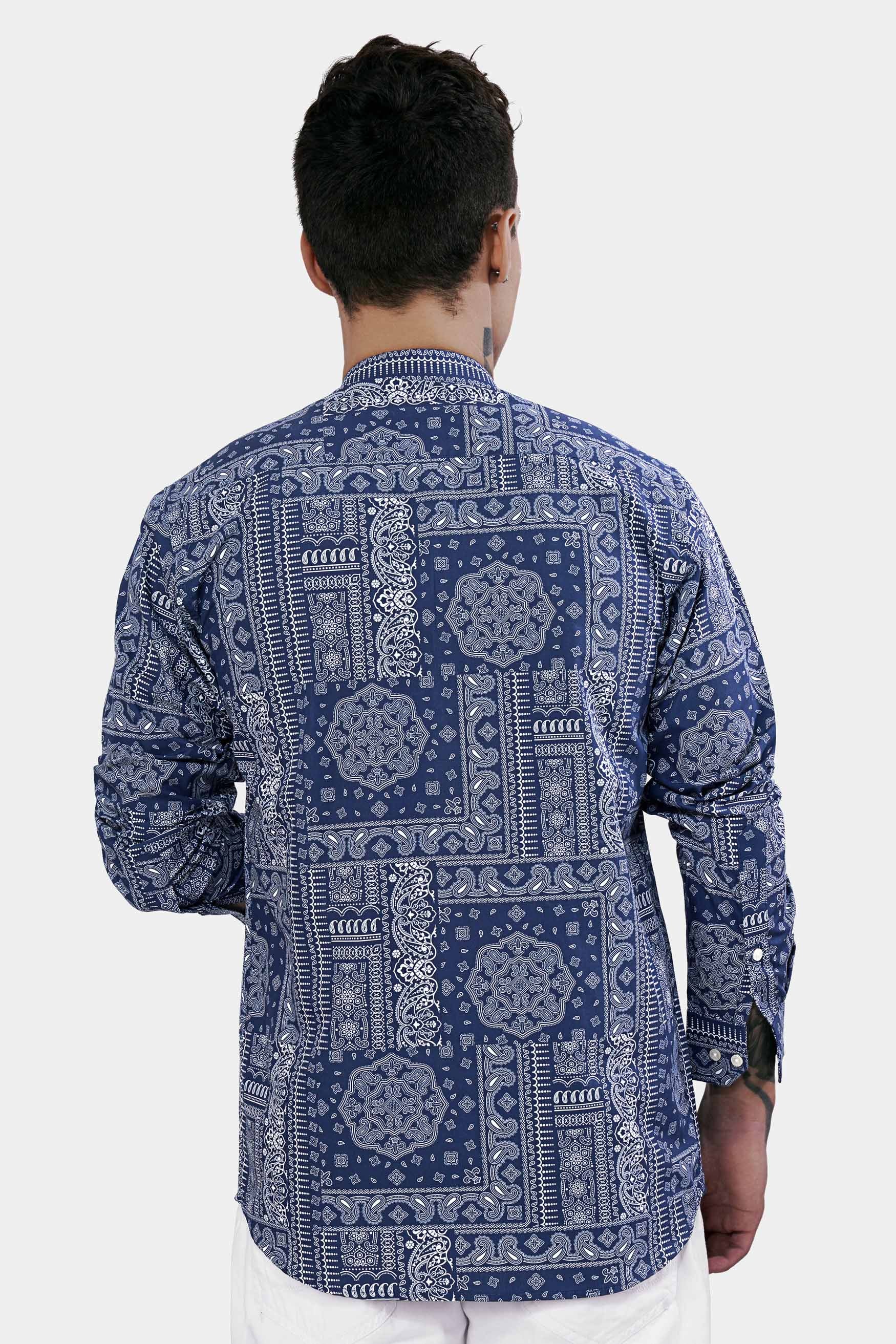 Rhino Blue and White Paisley Printed Royal Oxford Shirt