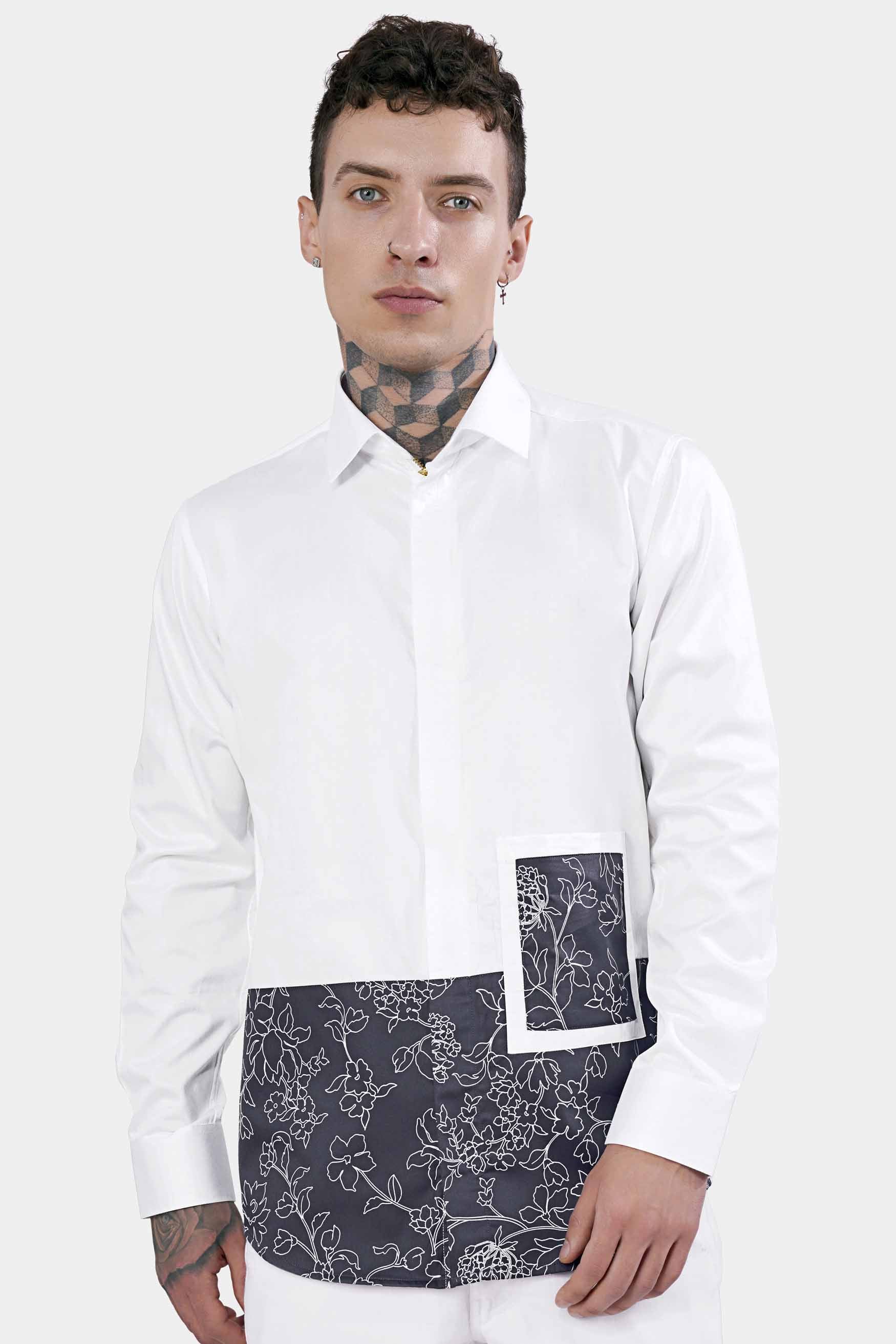 Bright White and Tuna Gray Leaves Printed Subtle Sheen Super Soft Premium Cotton Designer Shirt