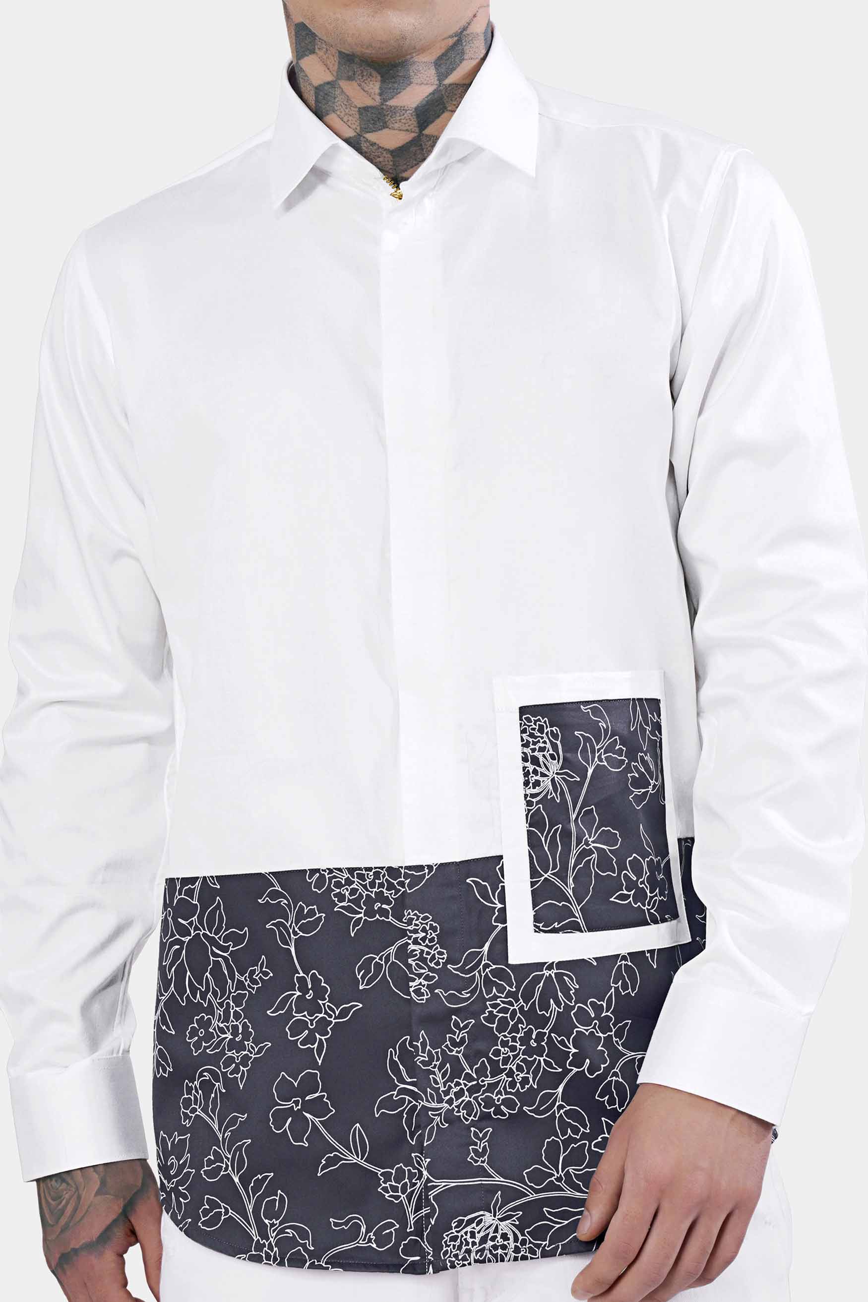 Bright White and Tuna Gray Leaves Printed Subtle Sheen Super Soft Premium Cotton Designer Shirt
