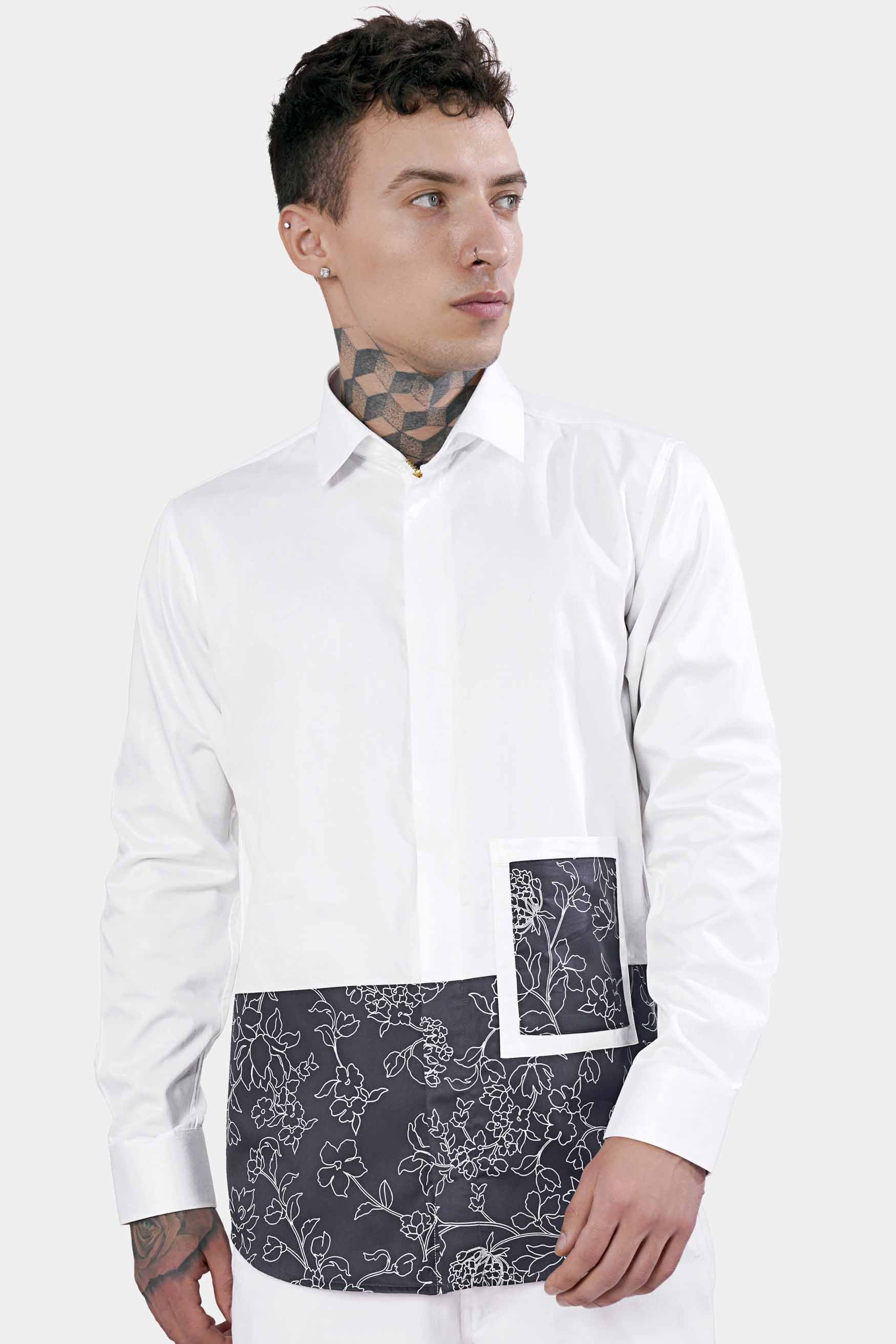 Bright White and Tuna Gray Leaves Printed Subtle Sheen Super Soft Premium Cotton Designer Shirt