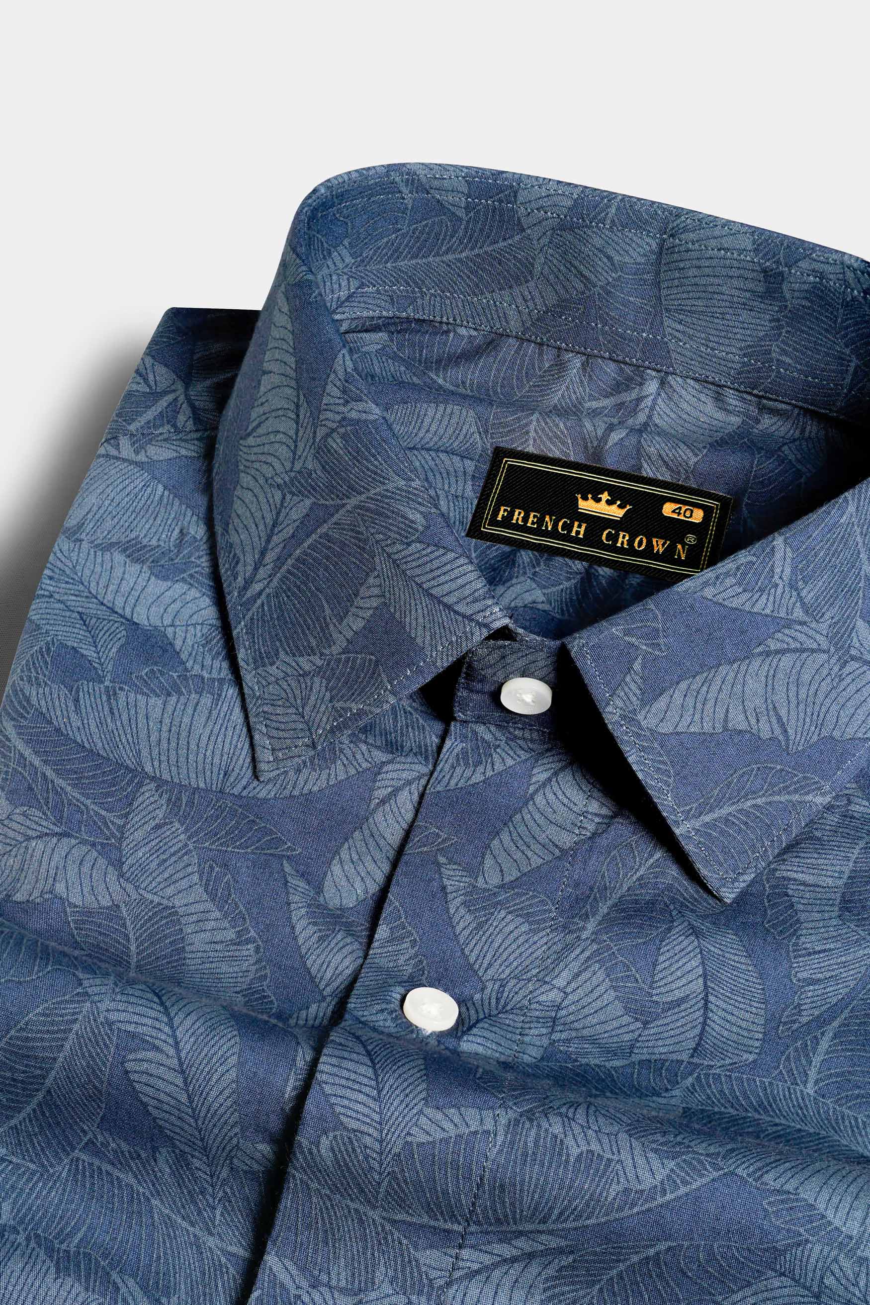 Slate Blue and Heather Gray Leaves Printed Premium Cotton Shirt