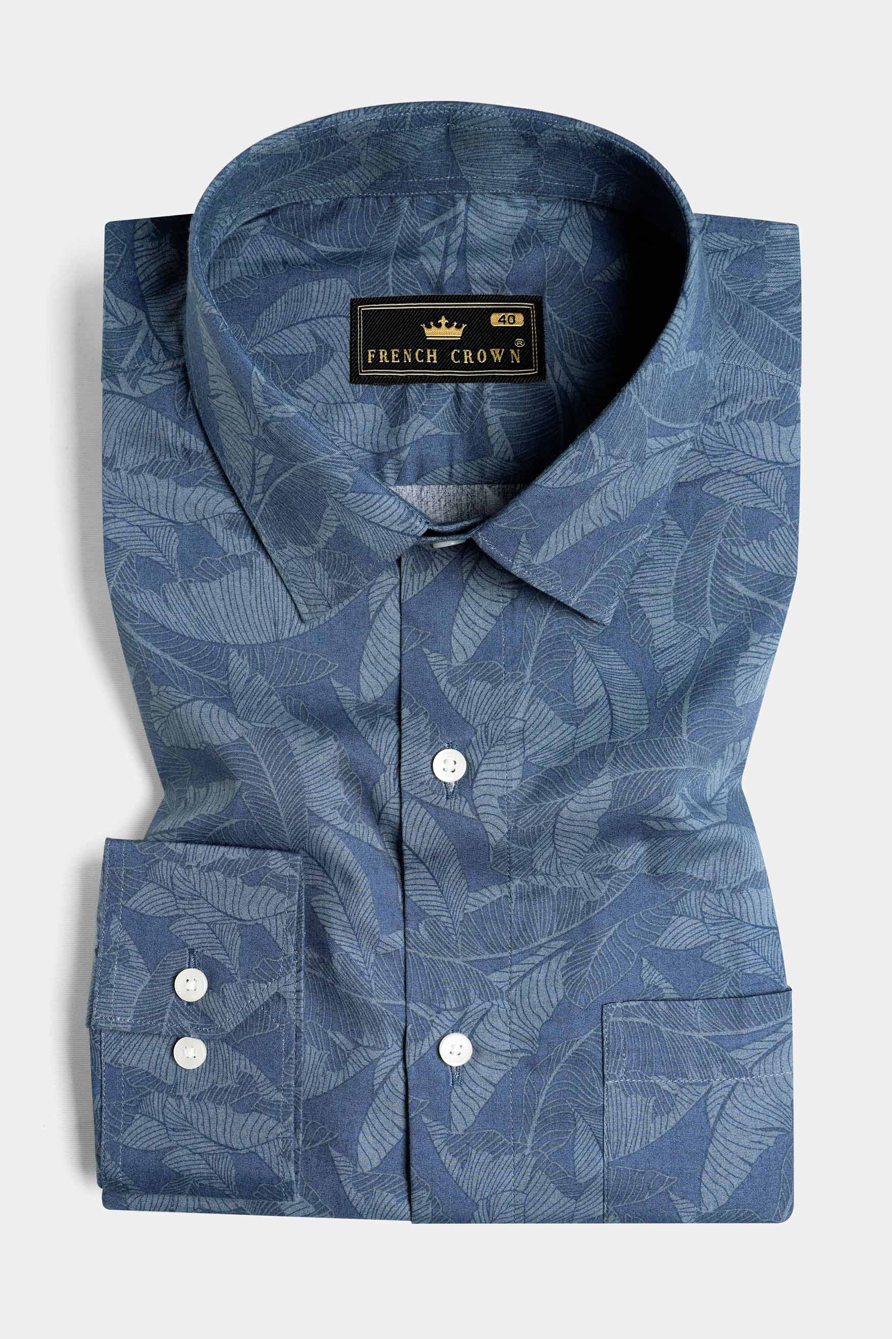 Slate Blue and Heather Gray Leaves Printed Premium Cotton Shirt