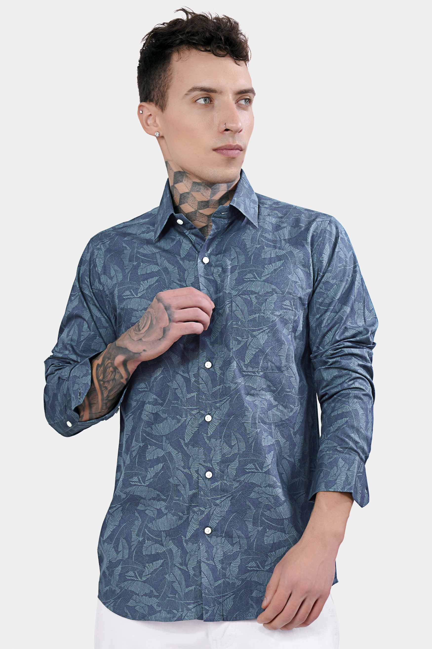 Slate Blue and Heather Gray Leaves Printed Premium Cotton Shirt