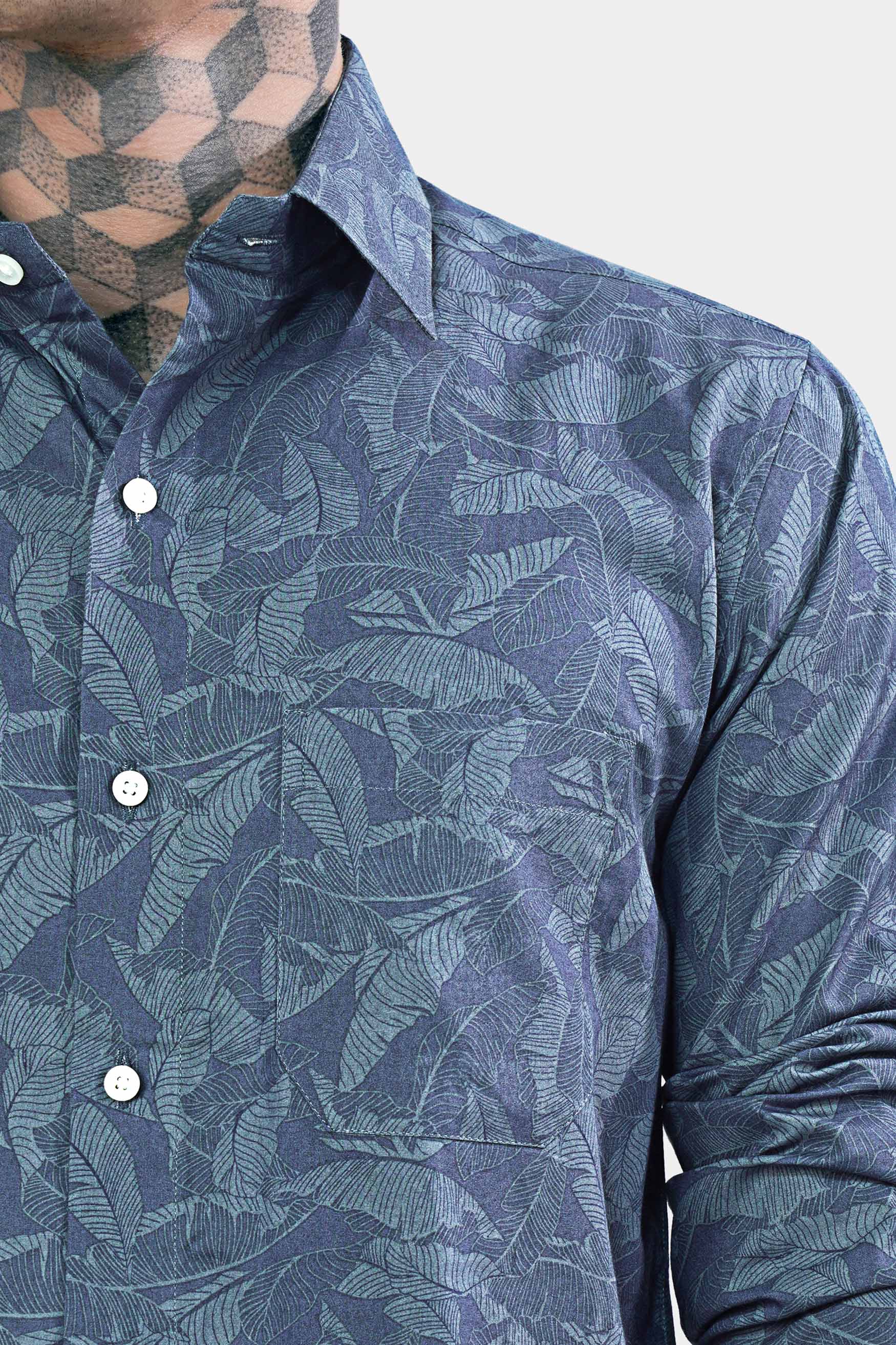 Slate Blue and Heather Gray Leaves Printed Premium Cotton Shirt