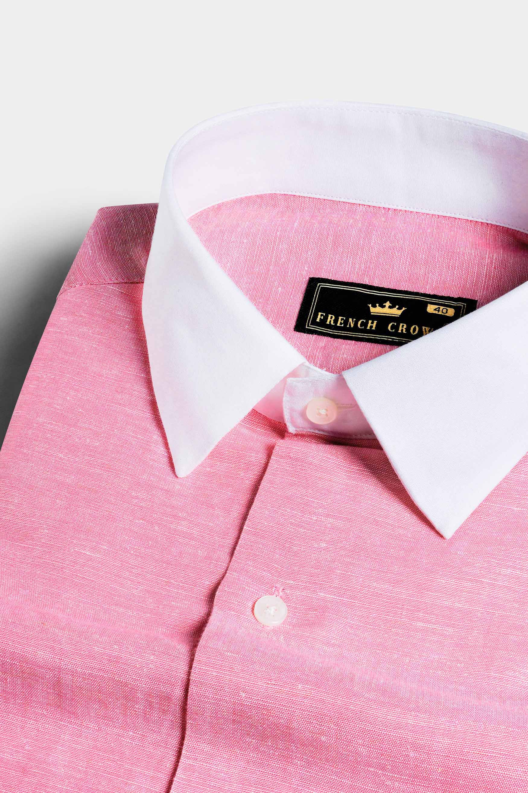 Flamingo Pink with White Casual Textured Premium Linen Shirt For Men