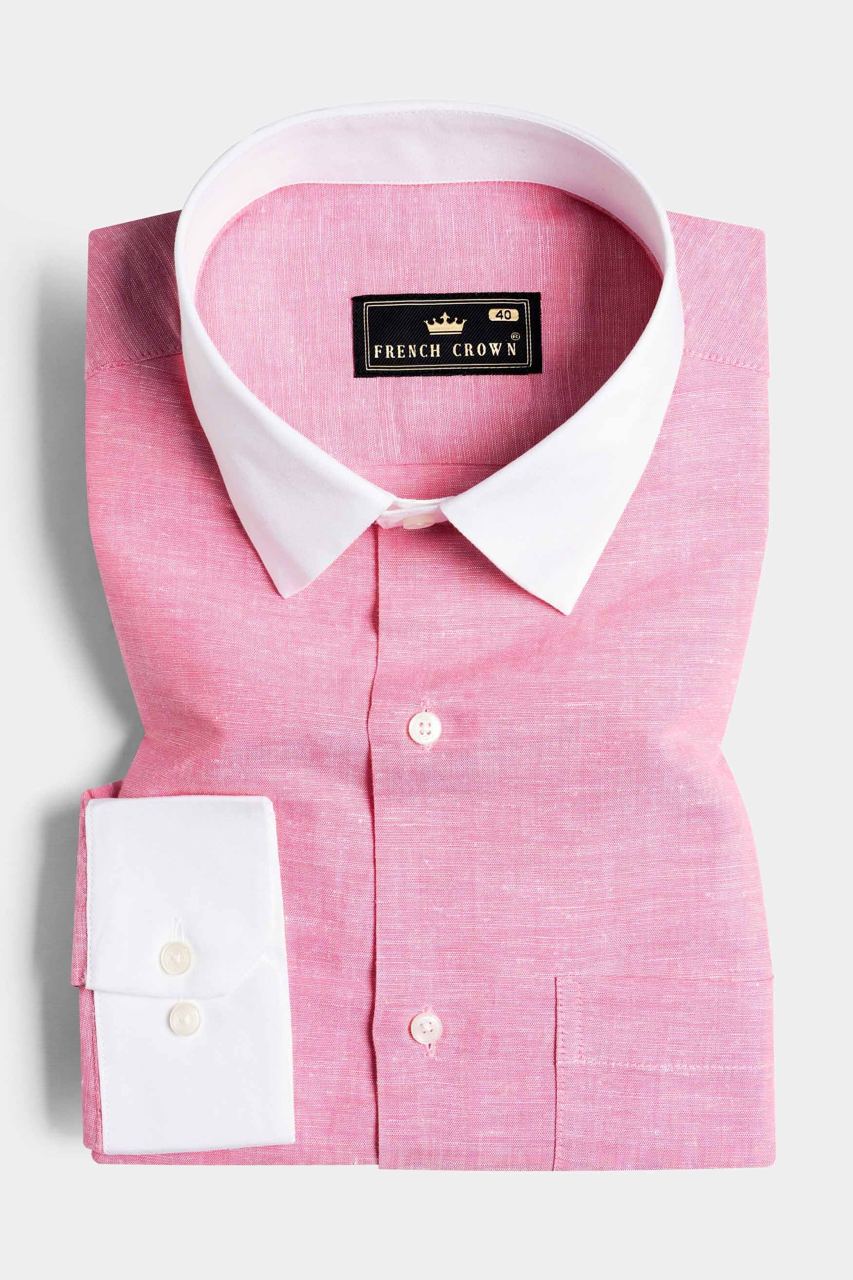 Flamingo Pink with White Cuffs and Collar Luxurious Linen Shirt 11462-WCC-38, 11462-WCC-H-38, 11462-WCC-39, 11462-WCC-H-39, 11462-WCC-40, 11462-WCC-H-40, 11462-WCC-42, 11462-WCC-H-42, 11462-WCC-44, 11462-WCC-H-44, 11462-WCC-46, 11462-WCC-H-46, 11462-WCC-48, 11462-WCC-H-48, 11462-WCC-50, 11462-WCC-H-50, 11462-WCC-52, 11462-WCC-H-52
