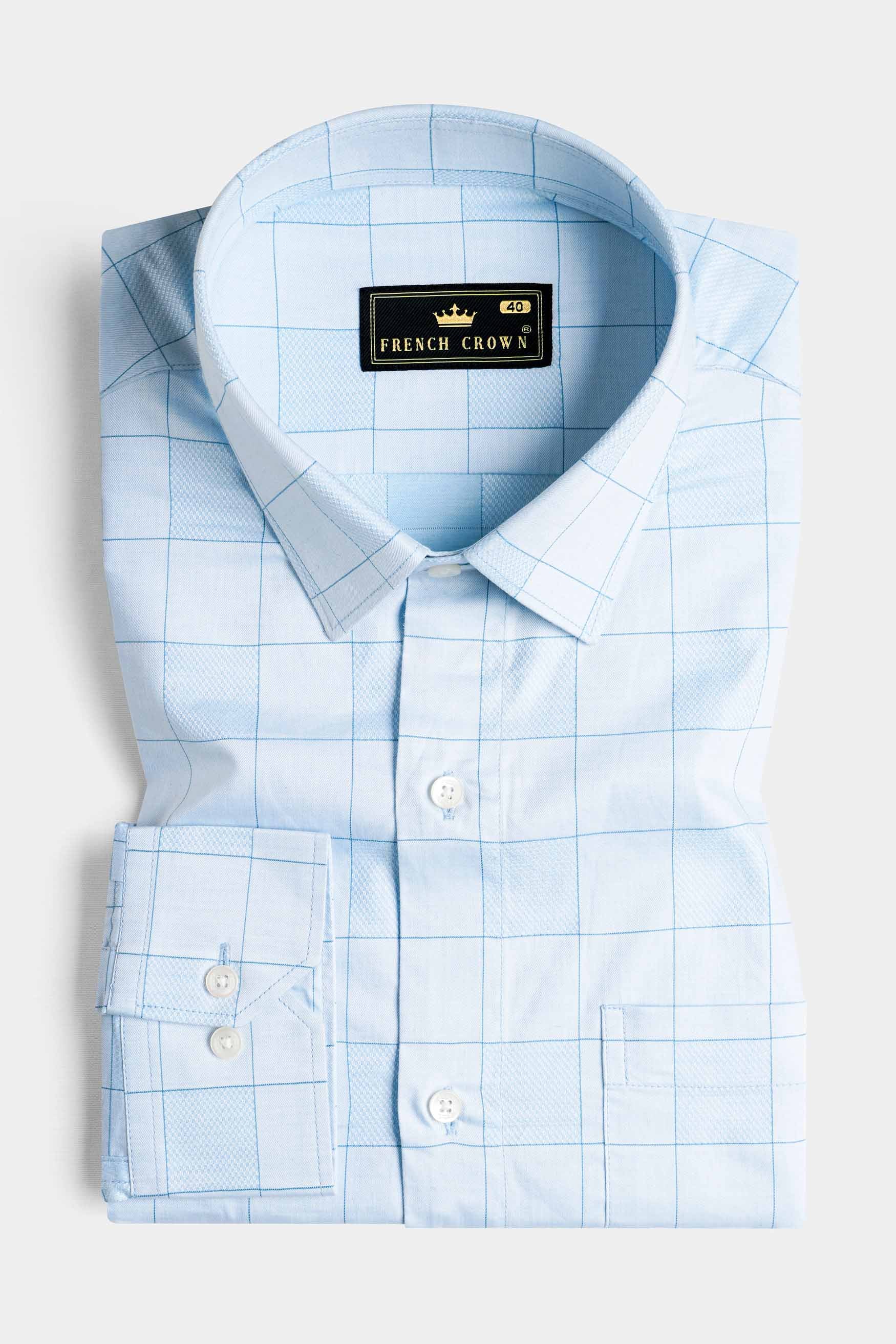 Mercury and Electric Blue Checkered Dobby Textured Premium Giza Cotton Shirt