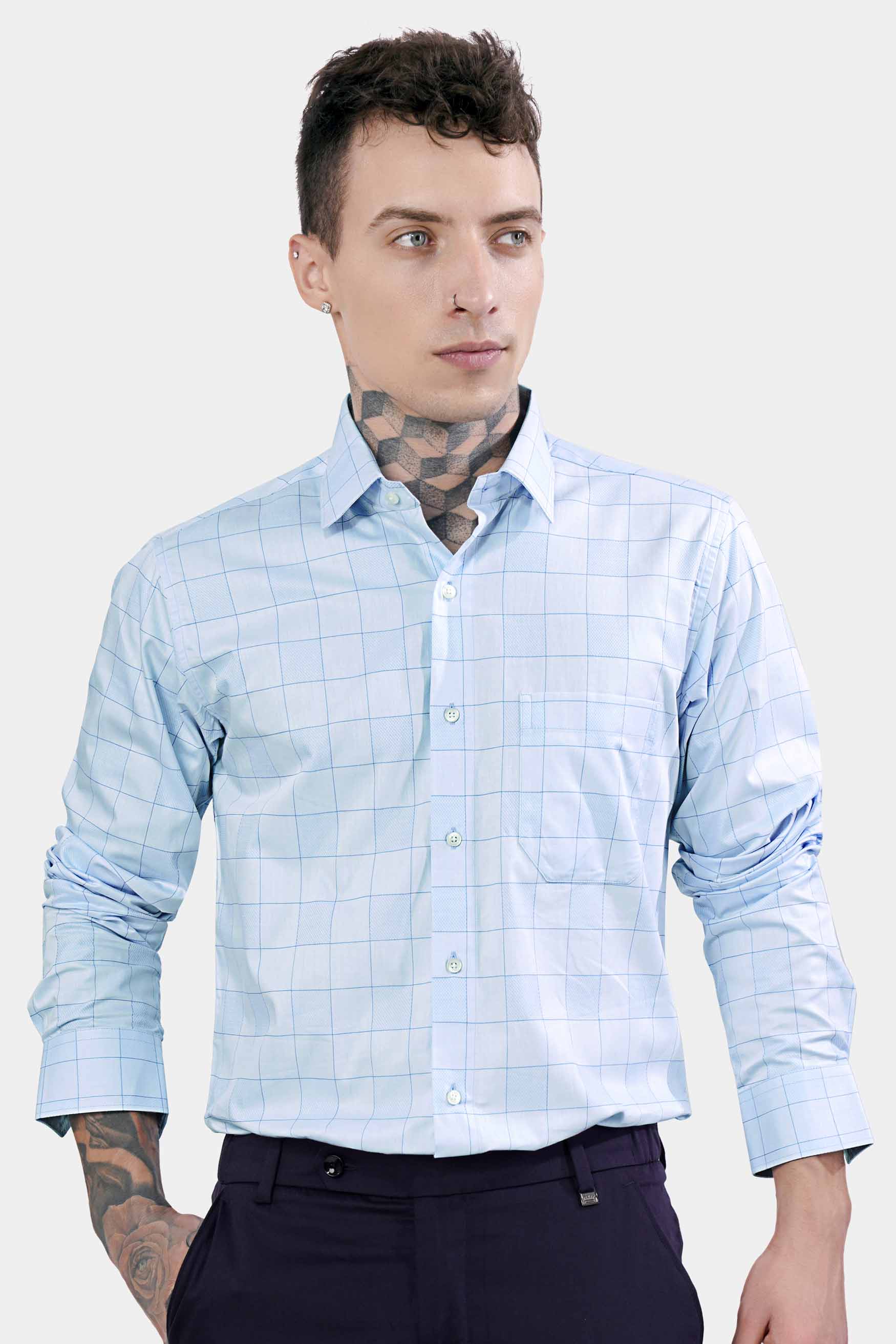Mercury and Electric Blue Checkered Dobby Textured Premium Giza Cotton Shirt