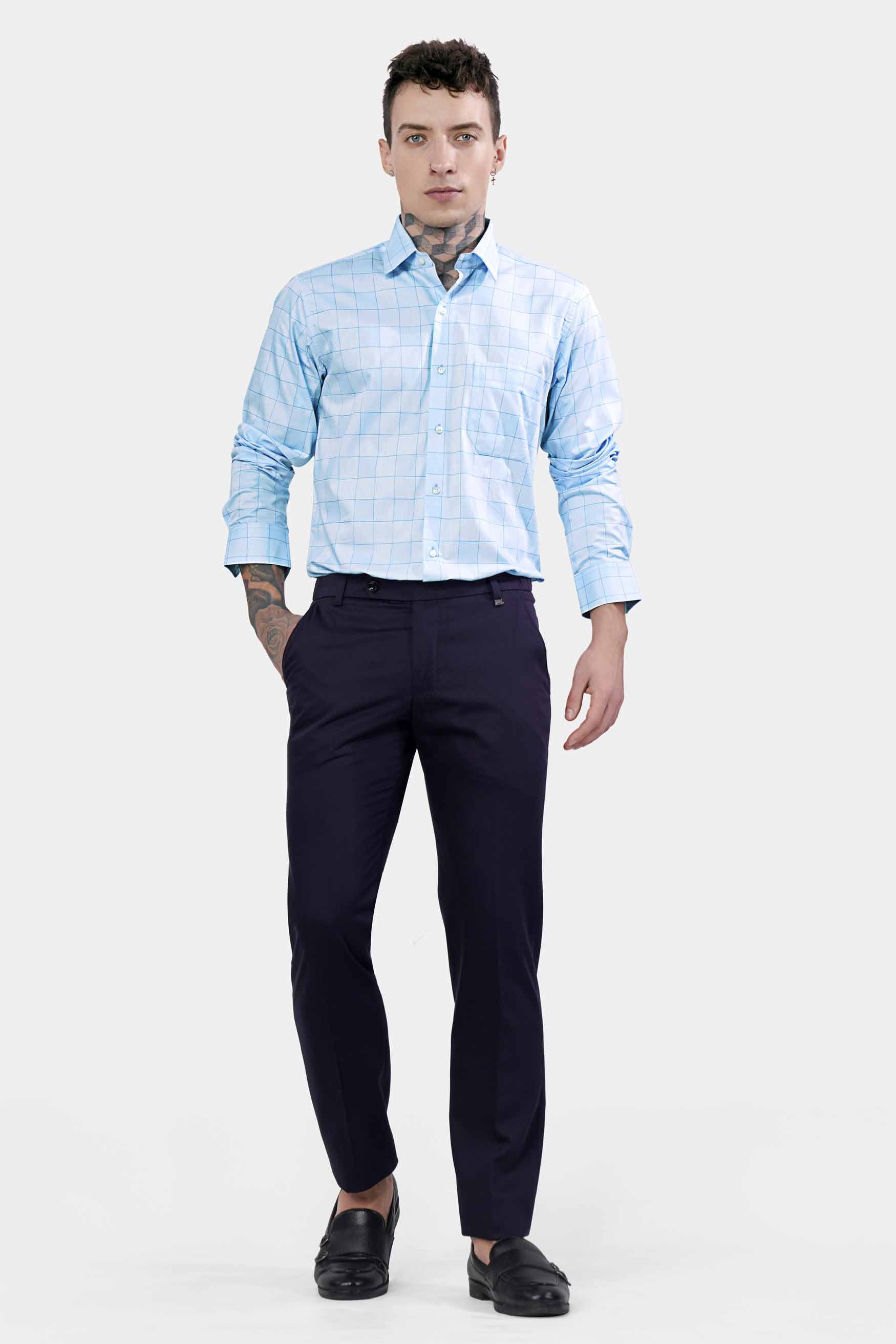 Mercury and Electric Blue Checkered Dobby Textured Premium Giza Cotton Shirt