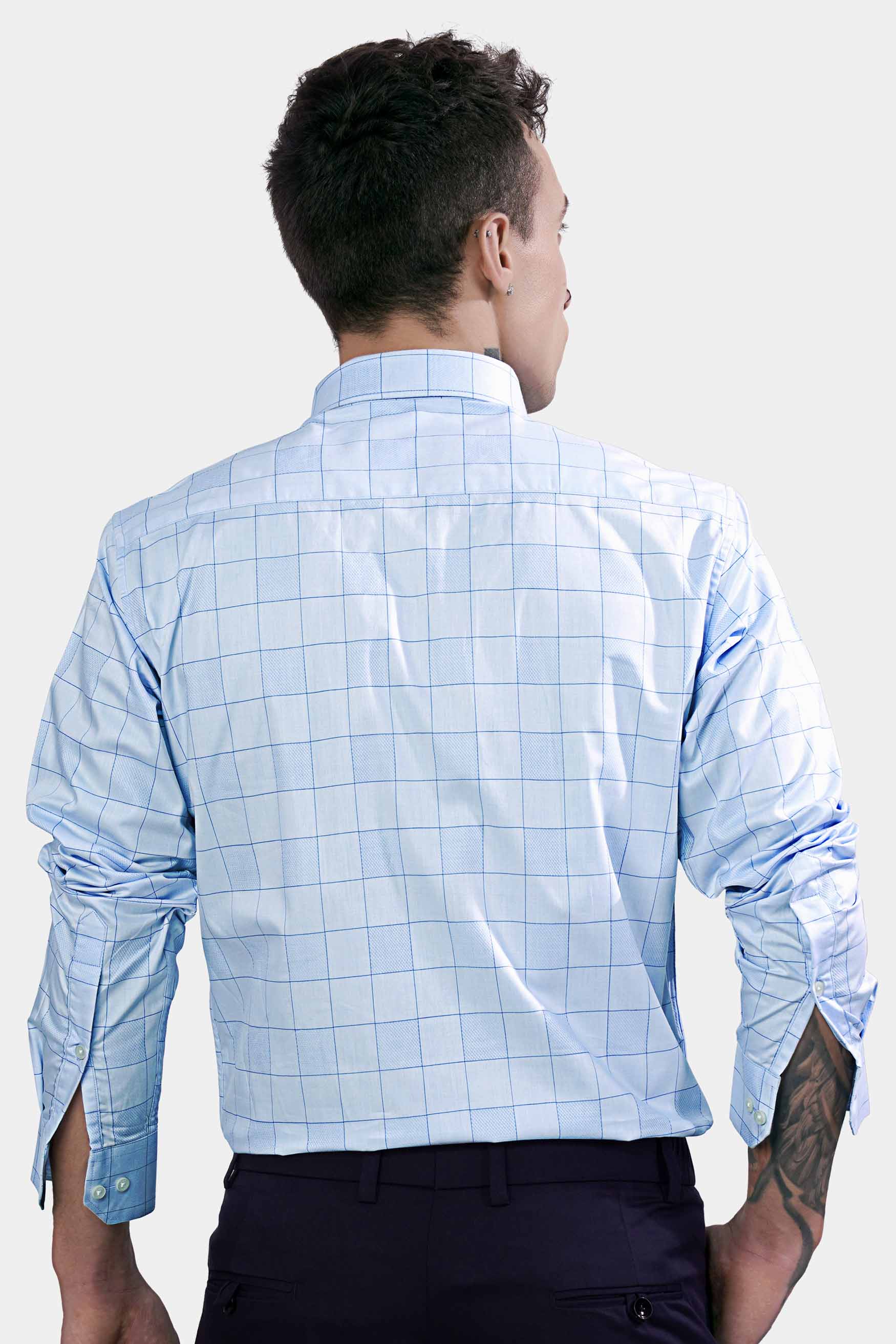Mercury and Electric Blue Checkered Dobby Textured Premium Giza Cotton Shirt