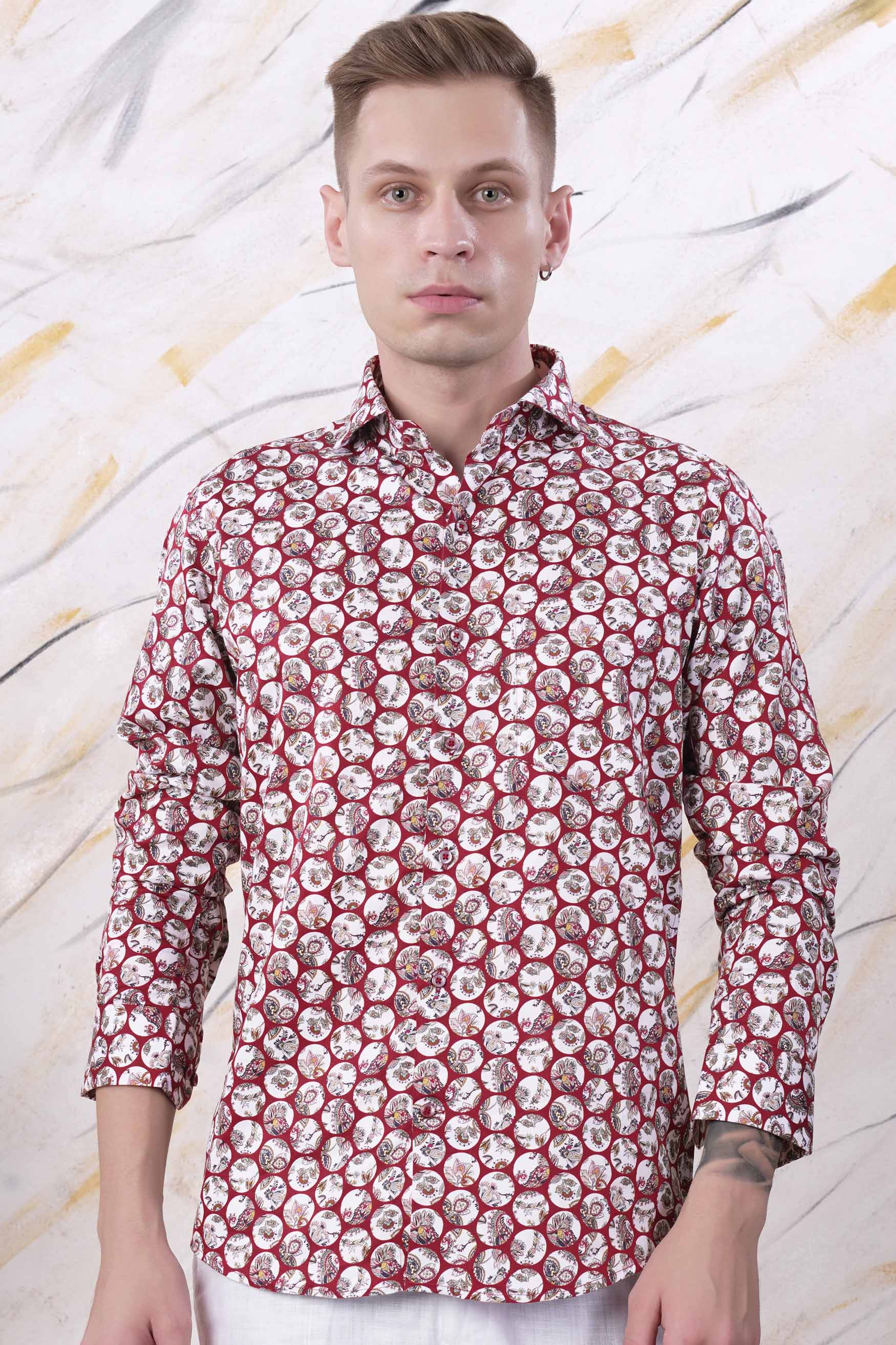 Persian Plum Maroon and White Multicolour Floral Printed Subtle Sheen Super Soft Premium Cotton Designer Shirt