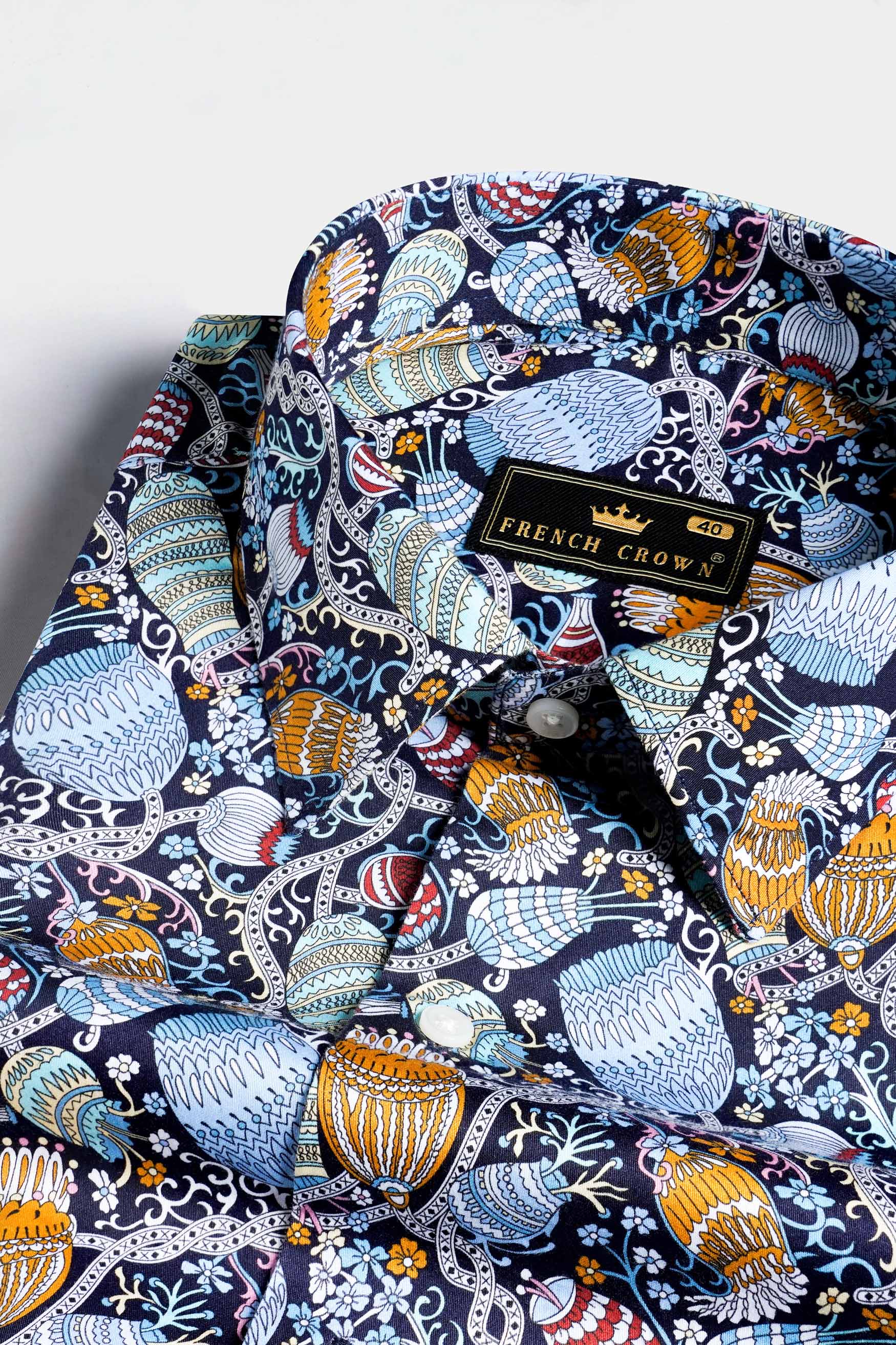 Haiti Blue and Ochre Orange Floral Printed Subtle Sheen Super Soft Premium Cotton Designer Shirt