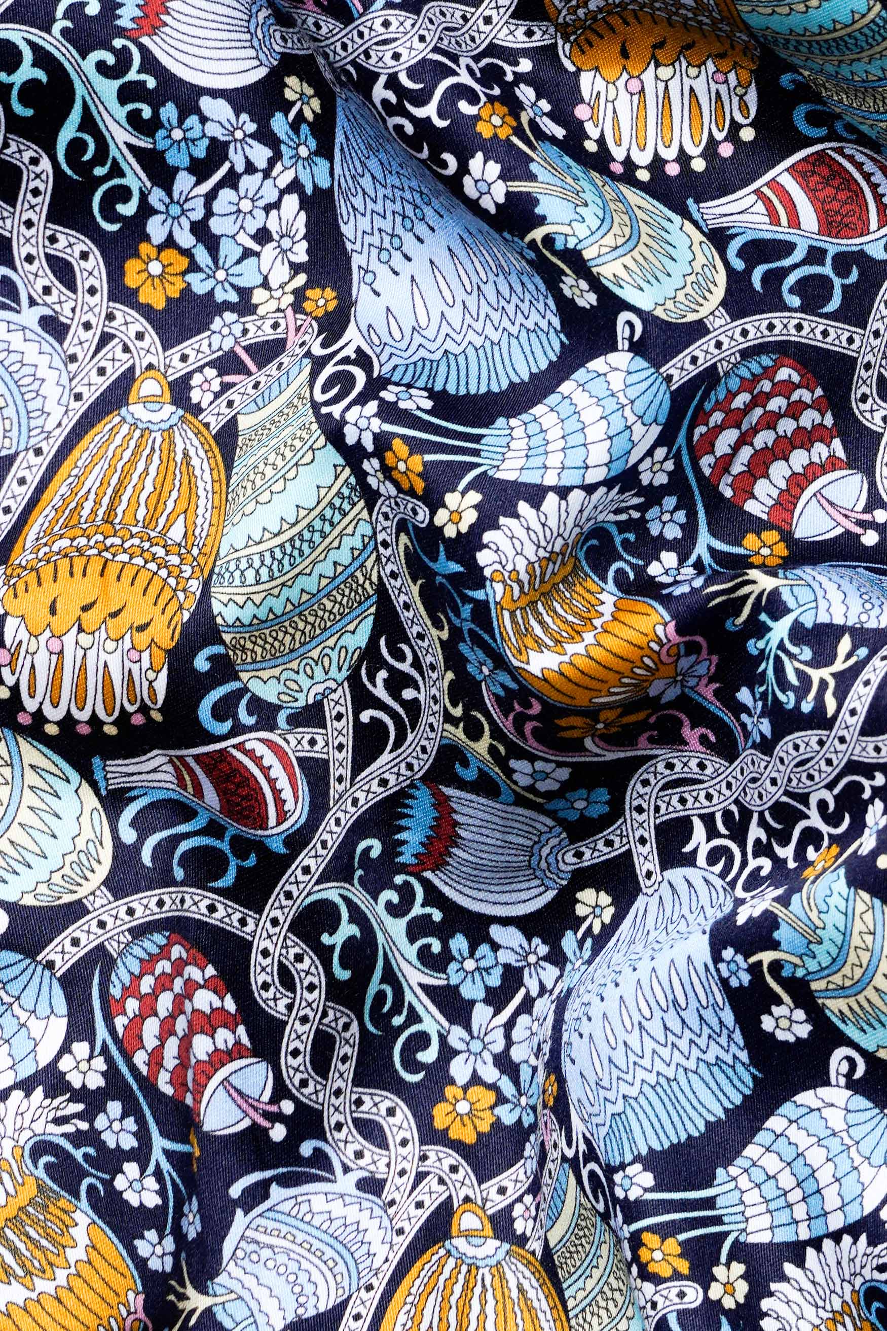 Haiti Blue and Ochre Orange Floral Printed Subtle Sheen Super Soft Premium Cotton Designer Shirt