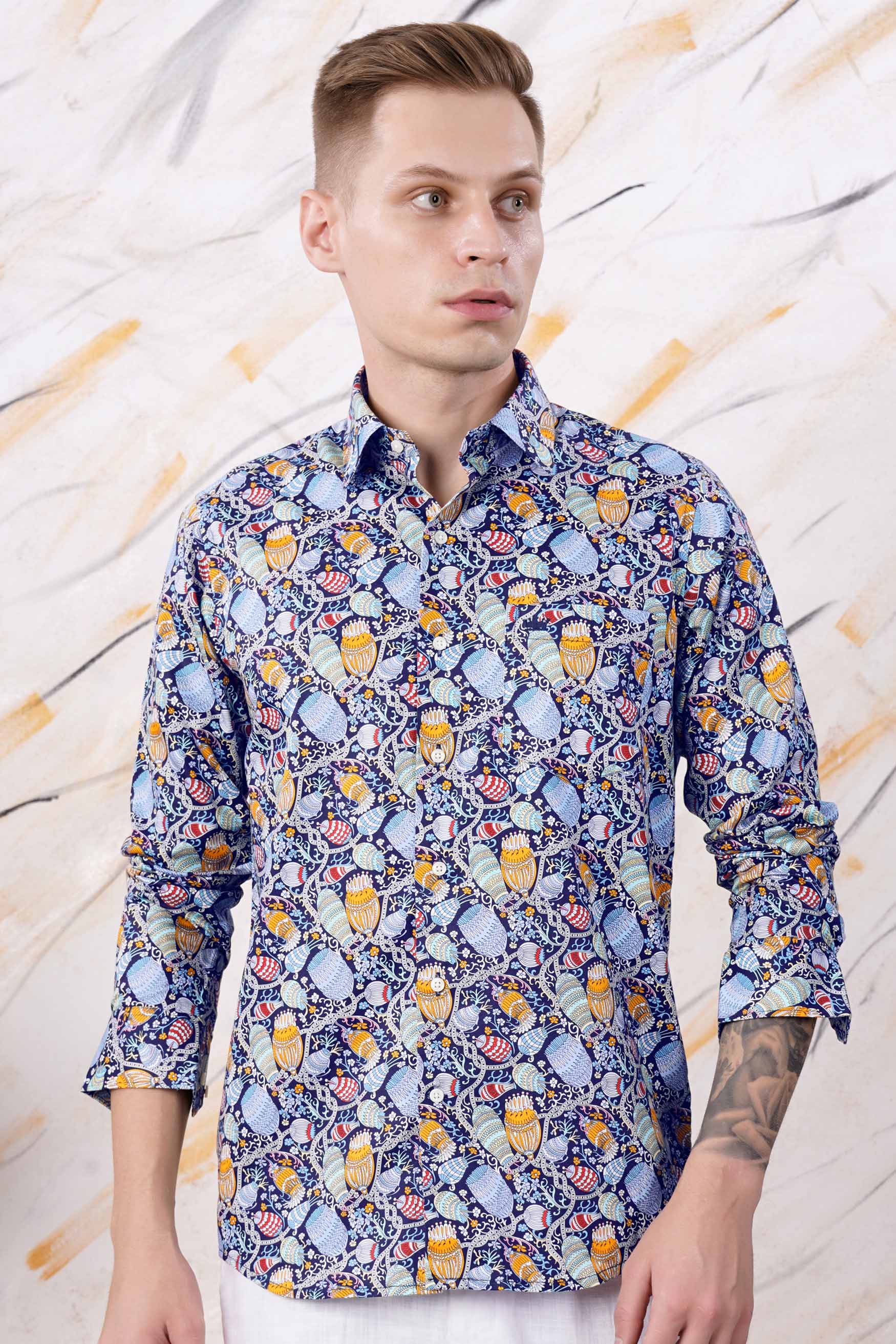Haiti Blue and Ochre Orange Floral Printed Subtle Sheen Super Soft Premium Cotton Designer Shirt