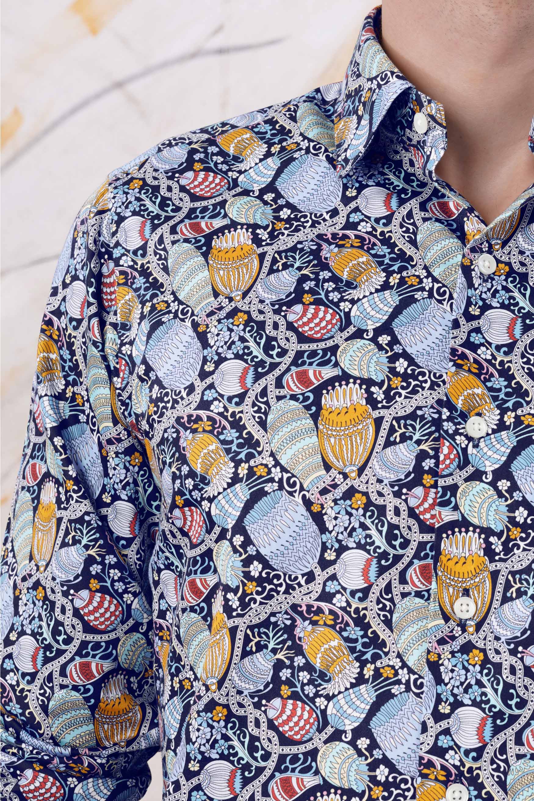 Haiti Blue and Ochre Orange Floral Printed Subtle Sheen Super Soft Premium Cotton Designer Shirt