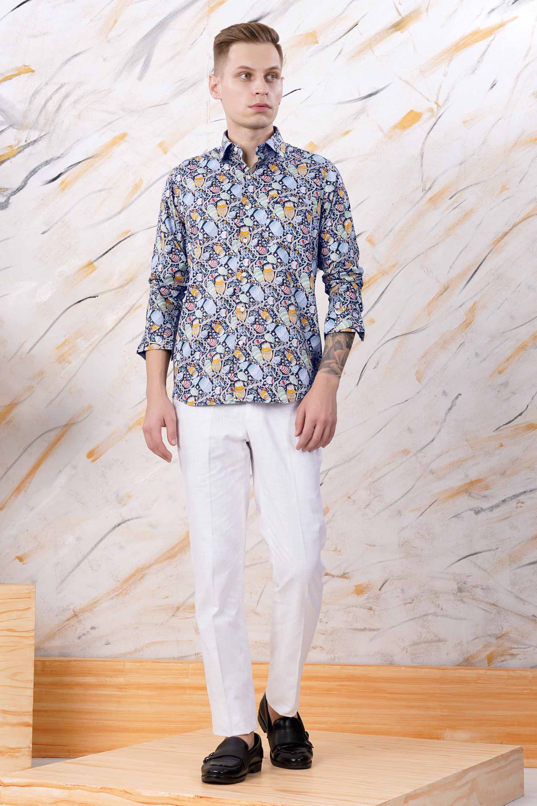 Haiti Blue and Ochre Orange Floral Printed Subtle Sheen Super Soft Premium Cotton Designer Shirt
