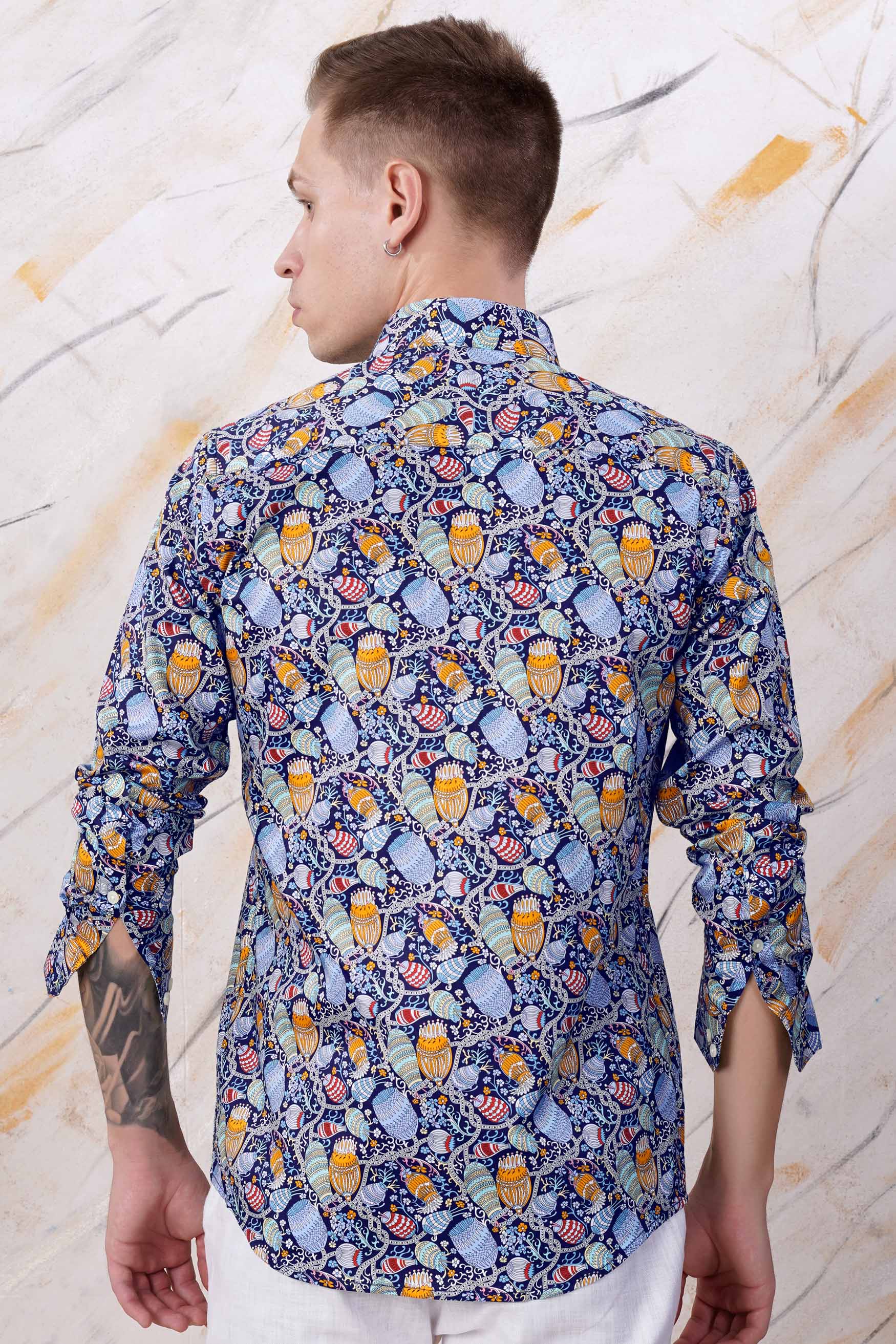 Haiti Blue and Ochre Orange Floral Printed Subtle Sheen Super Soft Premium Cotton Designer Shirt