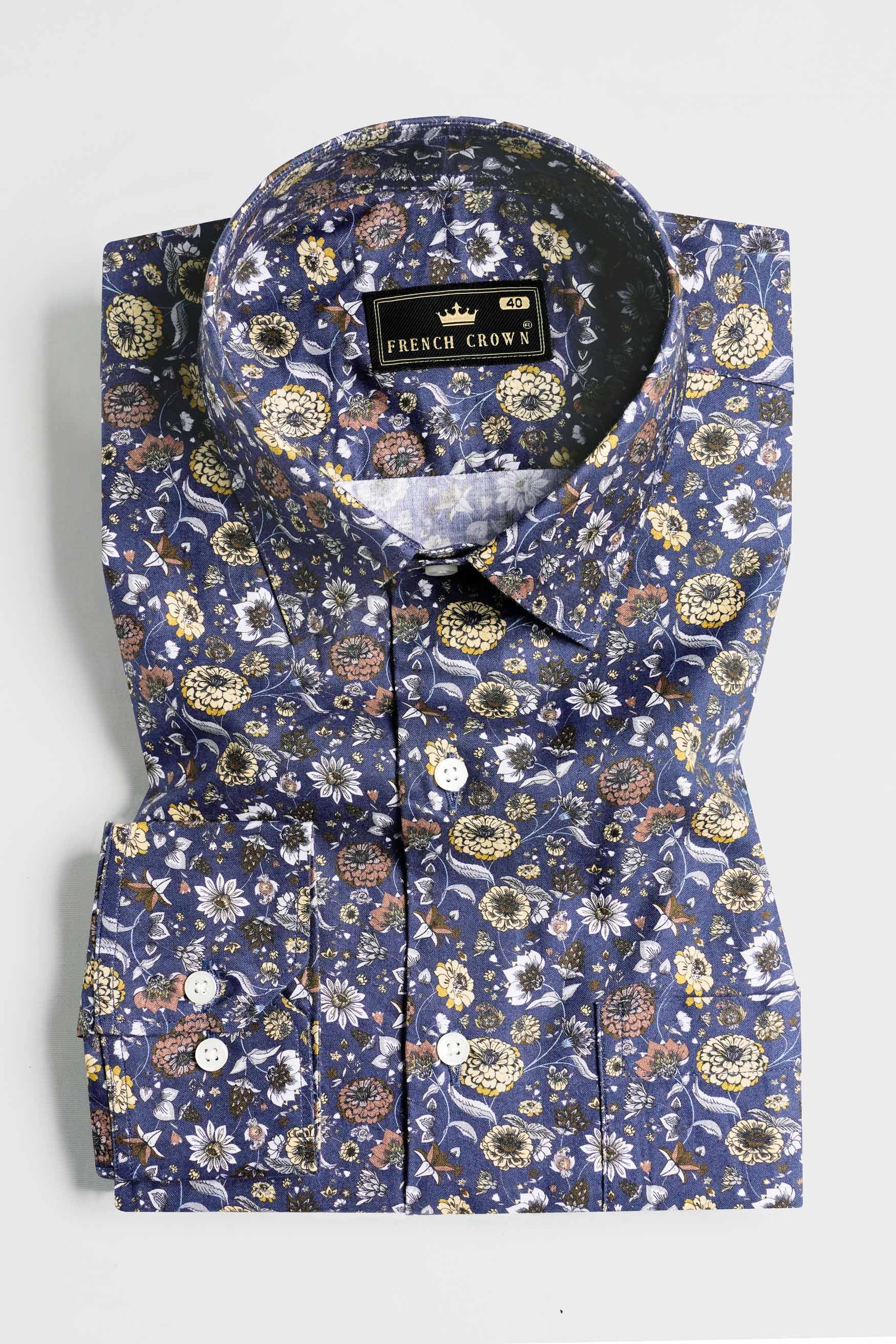 Cloud Burst Blue Multicolour Floral Printed Subtle Sheen Super Soft Premium Cotton Shirt